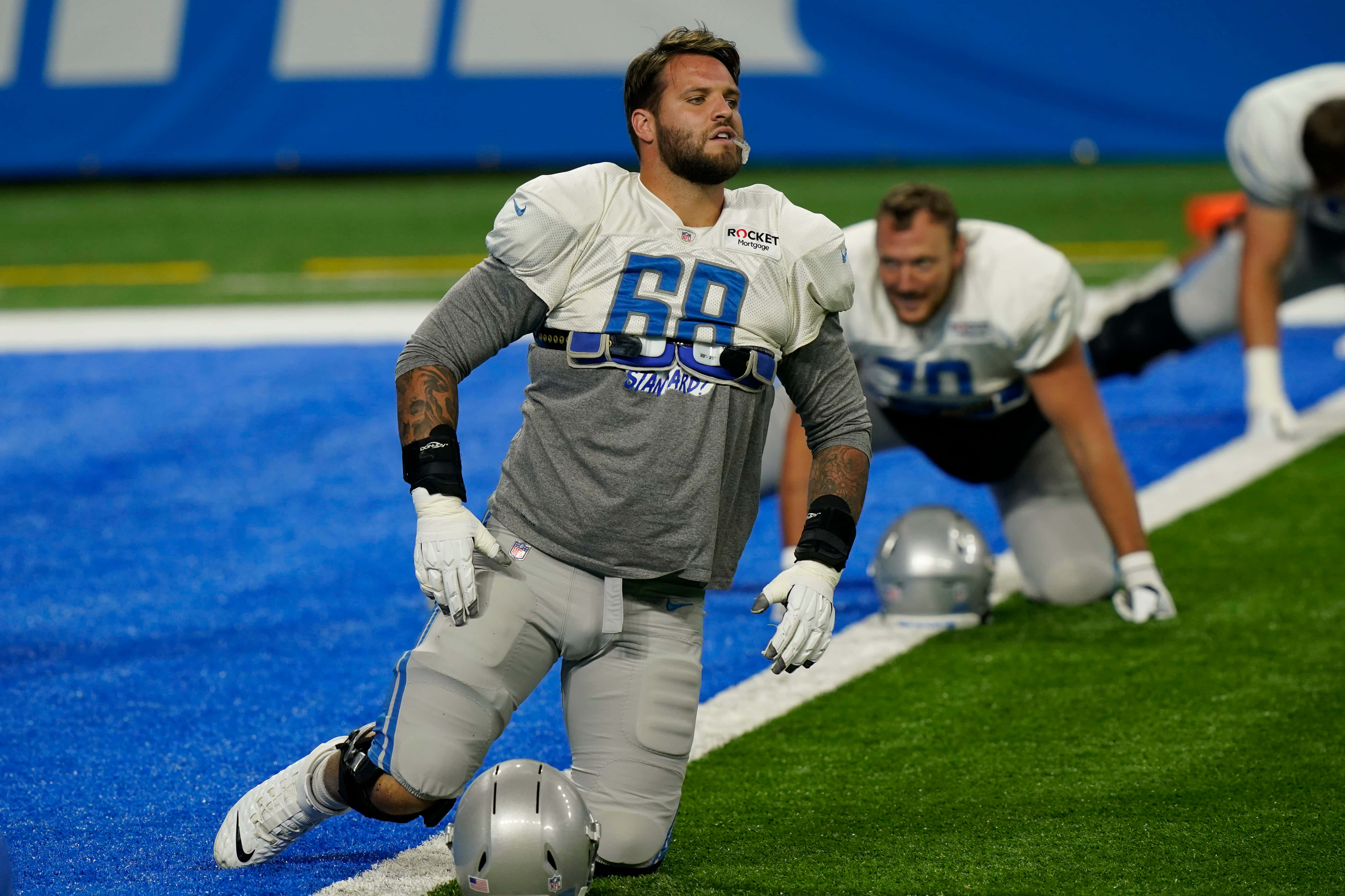 Taylor Decker, blue turf field, stadium lights, 5K Desktop Wallpaper