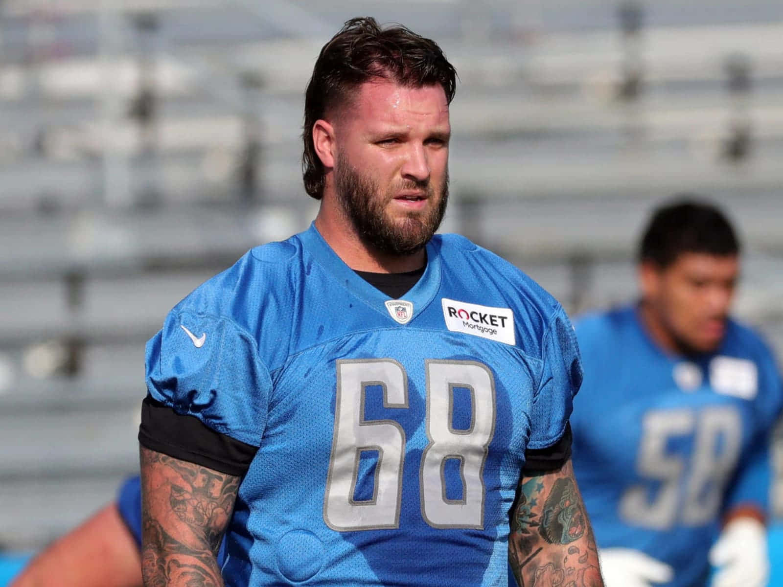 Taylor Decker, number 68, blue jersey, HD Desktop Wallpaper