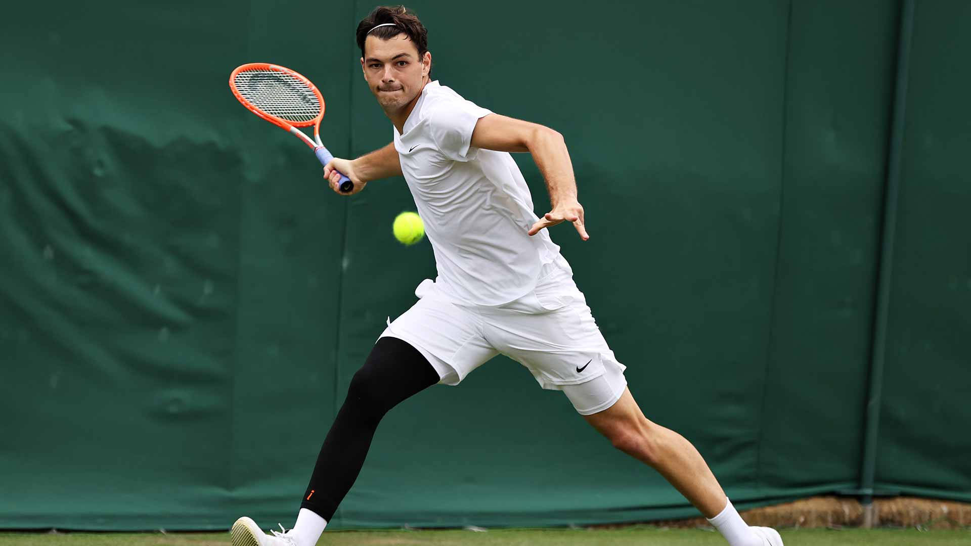 Taylor Fritz, forehand shot, white attire, Full HD Desktop Wallpaper