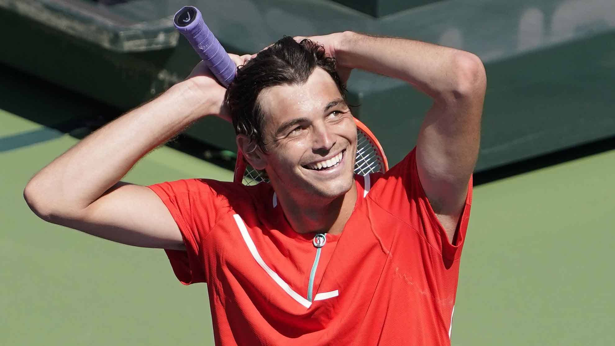 Taylor Fritz, red shirt, racket, Full HD Desktop Wallpaper