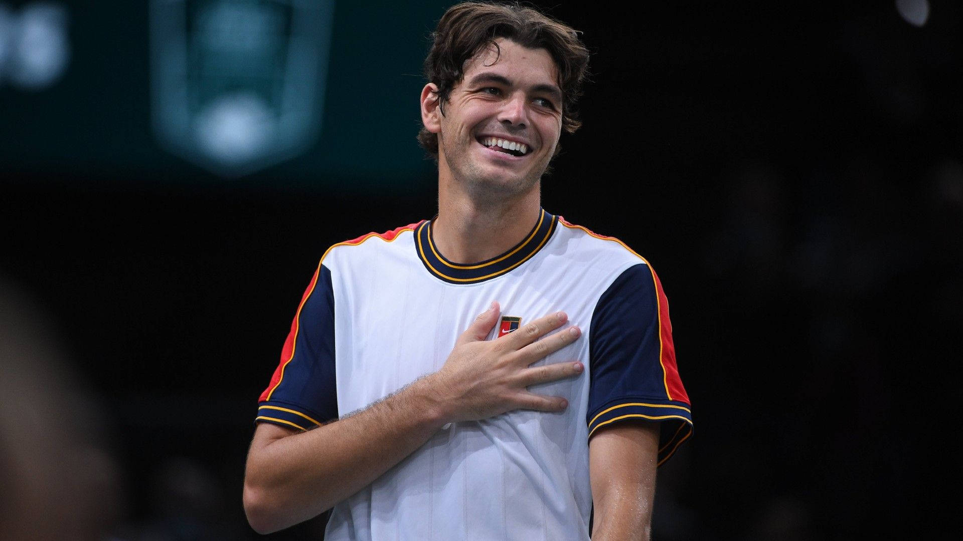 Taylor Fritz, multi colored shirt, dimly lit arena, Full HD Desktop Wallpaper