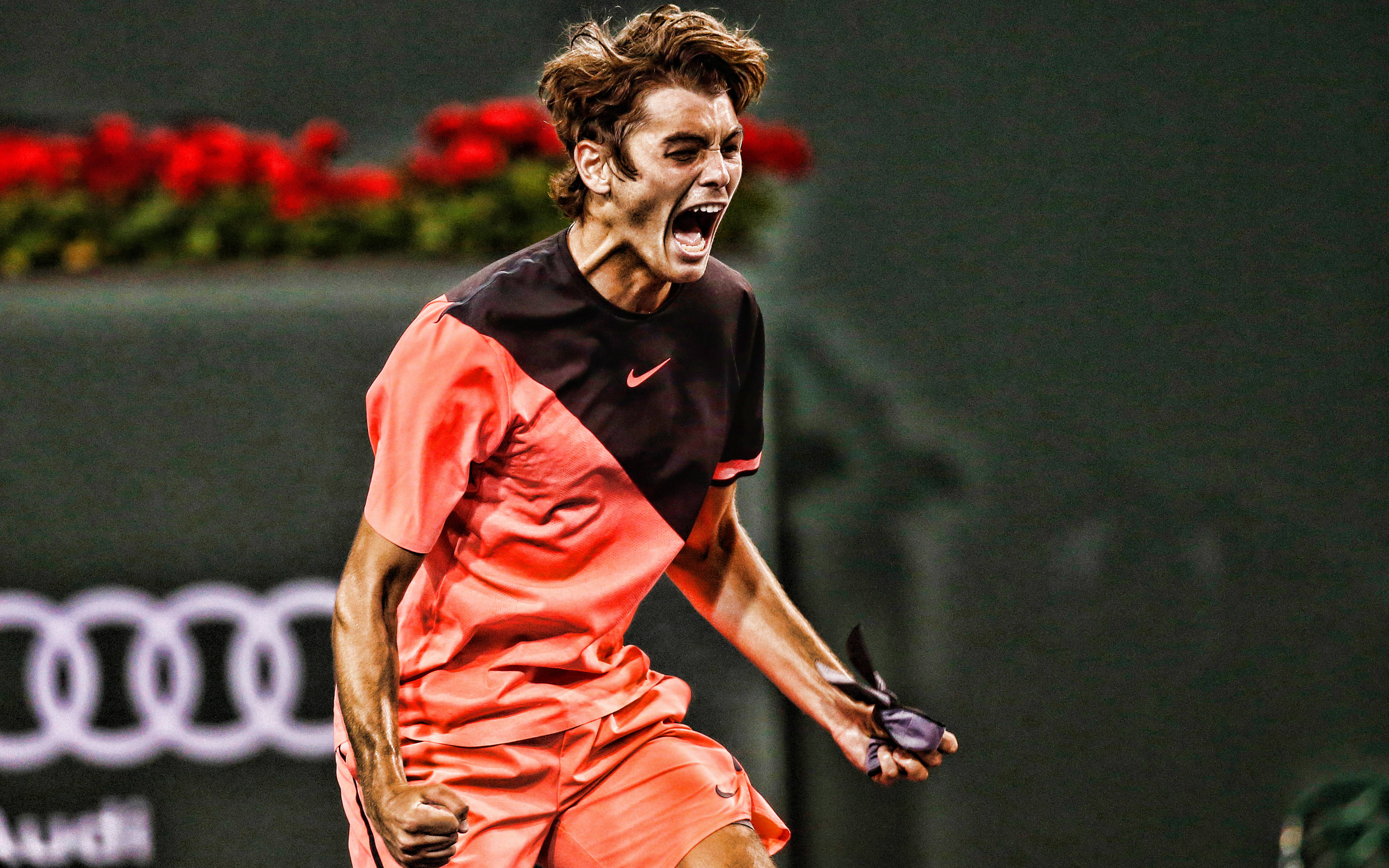 Taylor Fritz, orange and black gear, tennis court, 4K Desktop Wallpaper