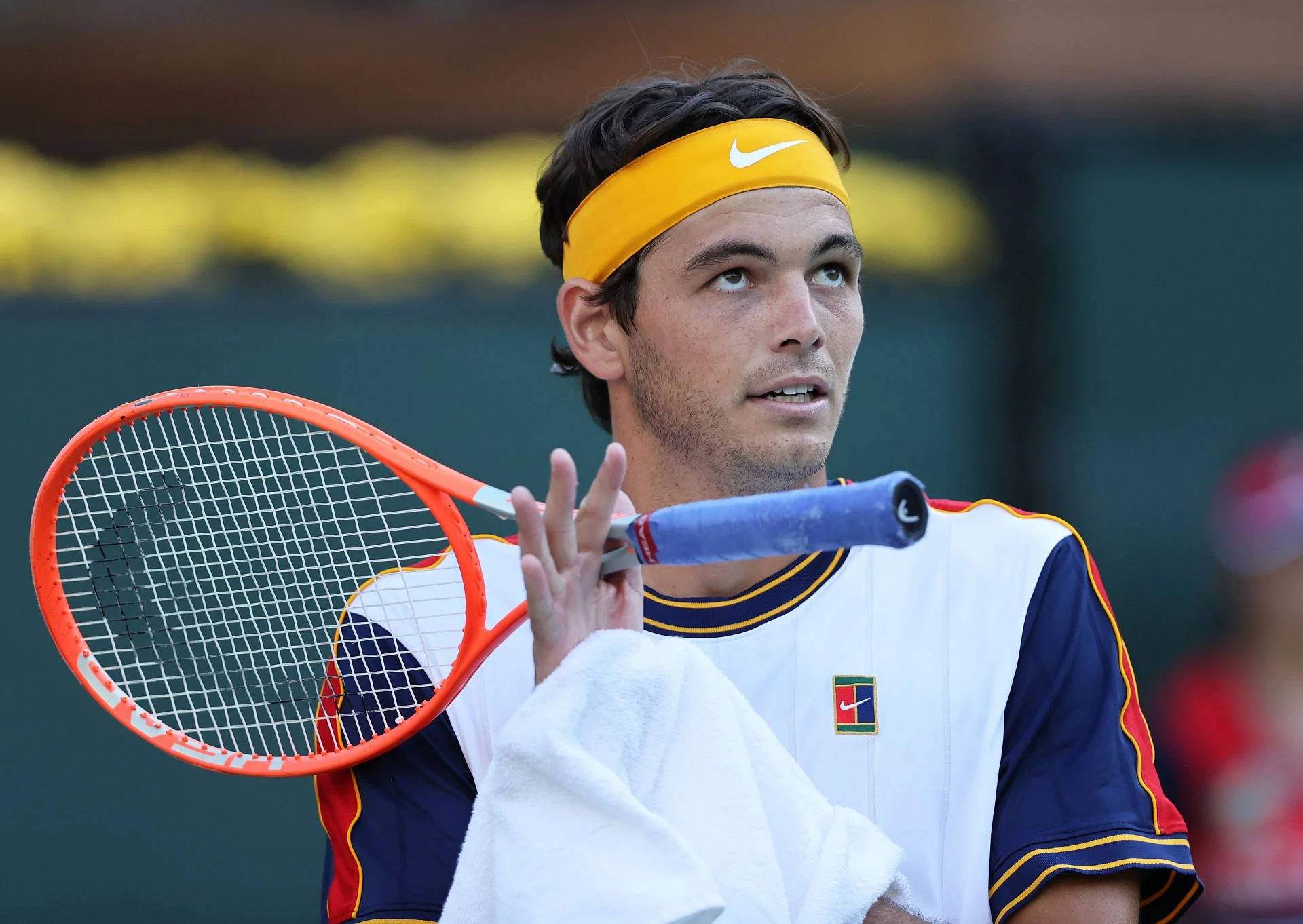 Taylor Fritz, yellow sweatband, white and blue uniform, Full HD Desktop Wallpaper