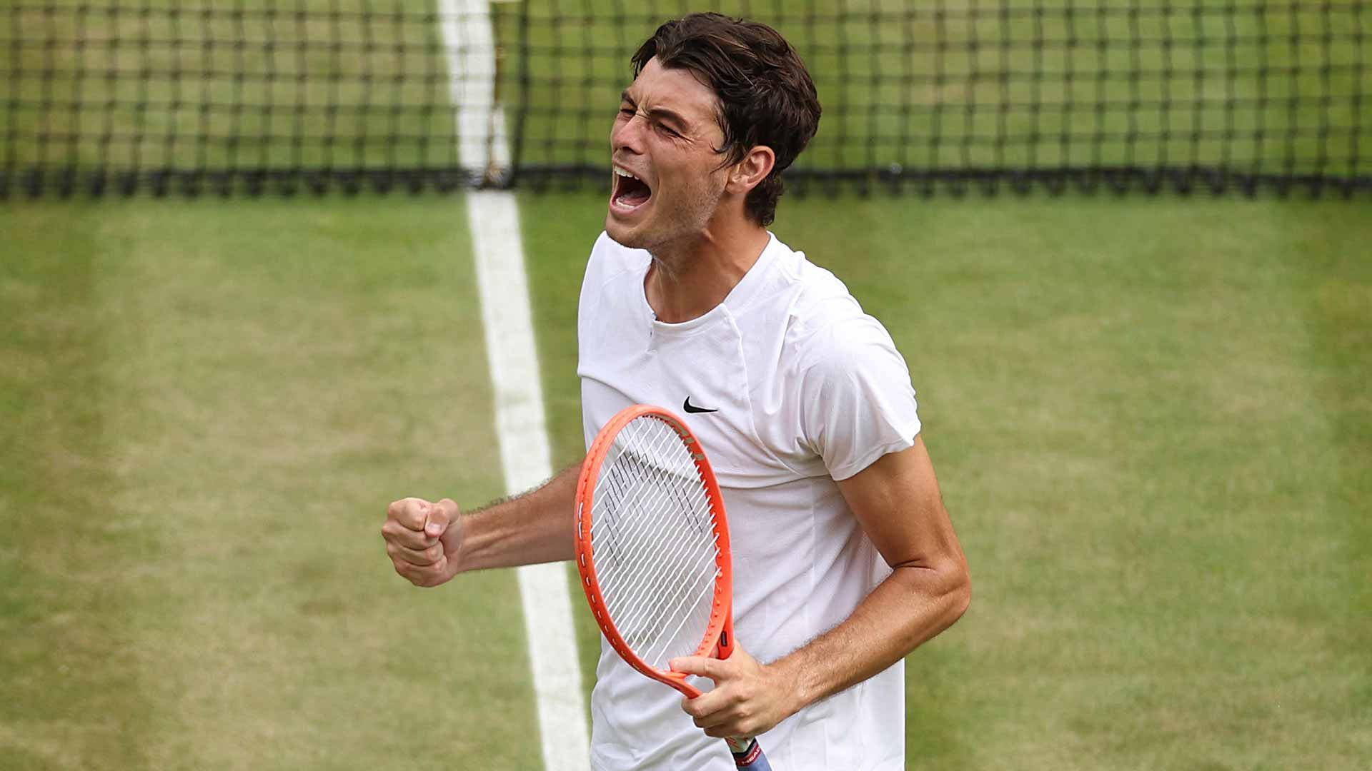 Taylor Fritz, grass court, orange racket, Full HD Desktop Wallpaper