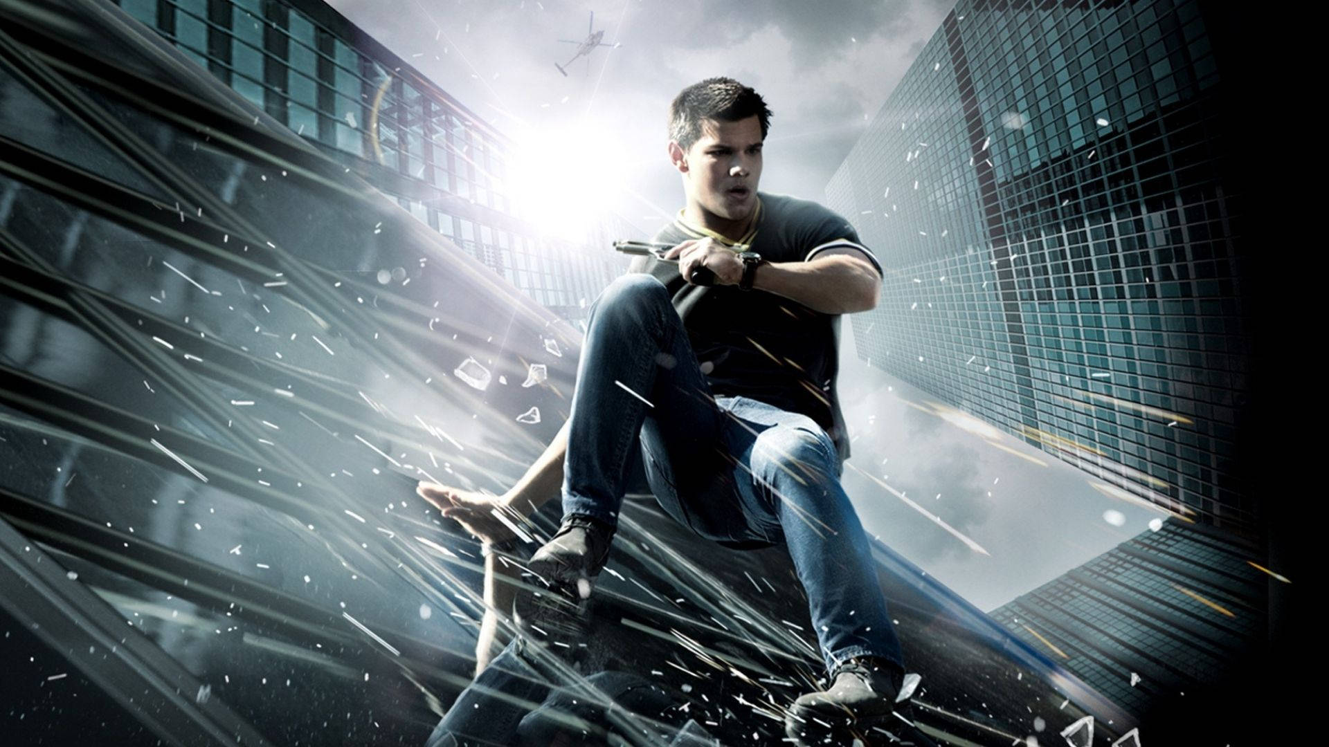 Taylor Lautner, shattered glass rooftop, stormy urban skyline, Full HD Desktop Wallpaper
