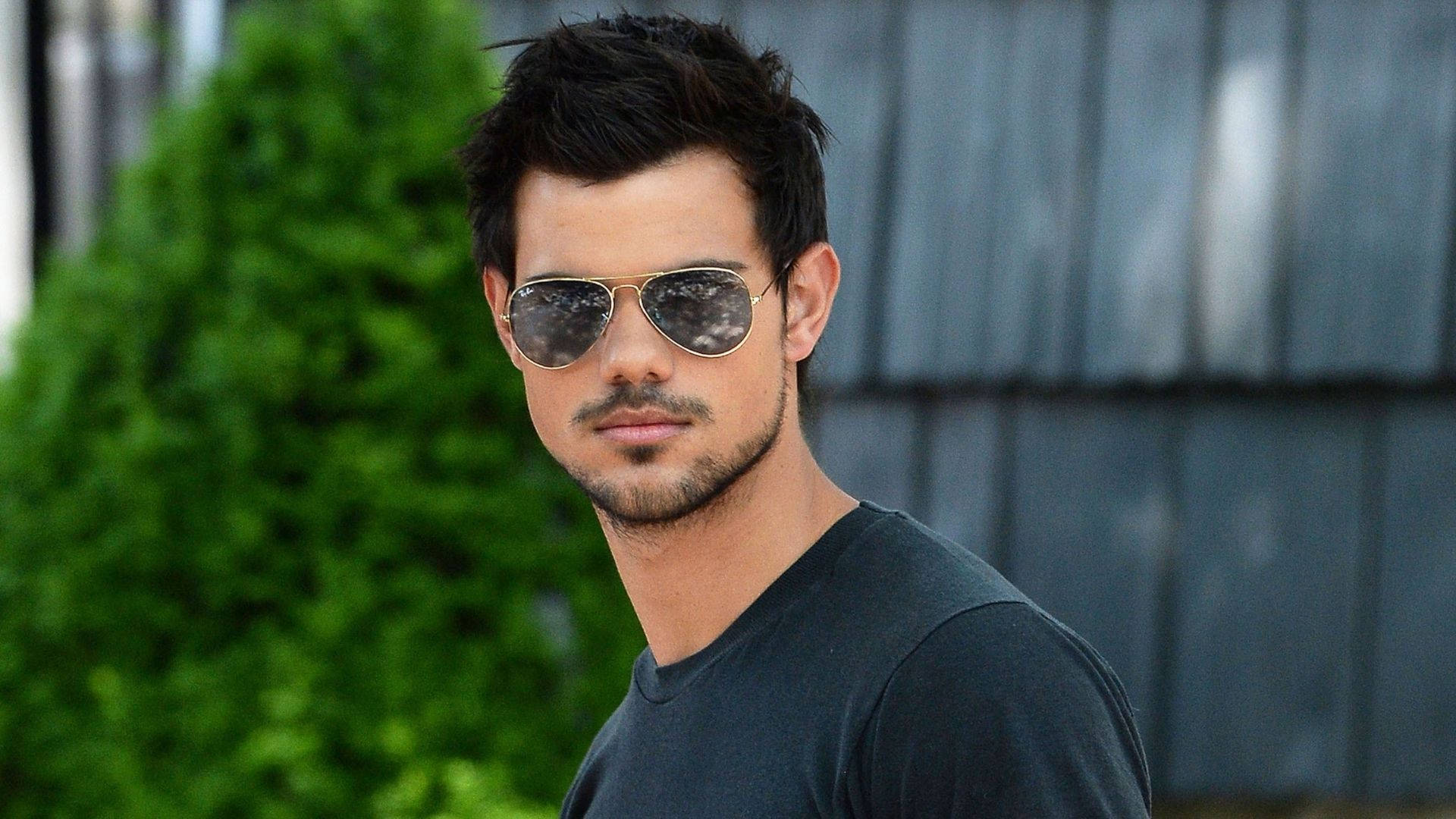 Taylor Lautner, sunglasses, green bush, Full HD Desktop Wallpaper