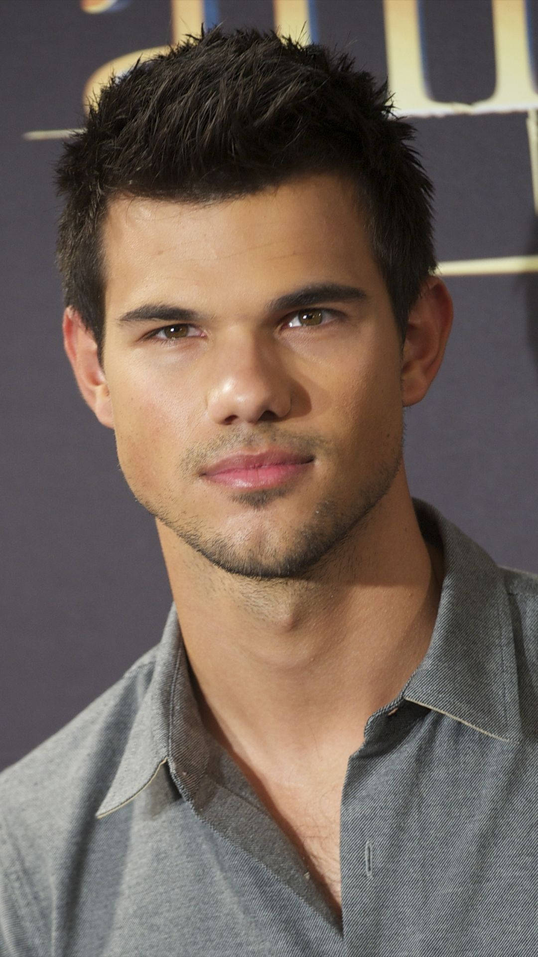 Taylor Lautner, gray button-down shirt, dark backdrop, Full HD Phone Wallpaper