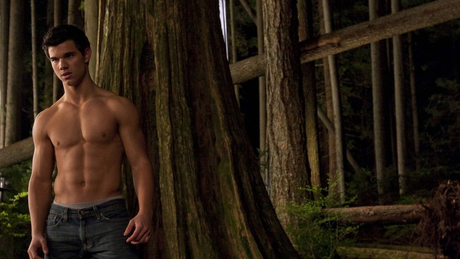 Taylor Lautner, forest, mossy tree trunk, Full HD Desktop Wallpaper