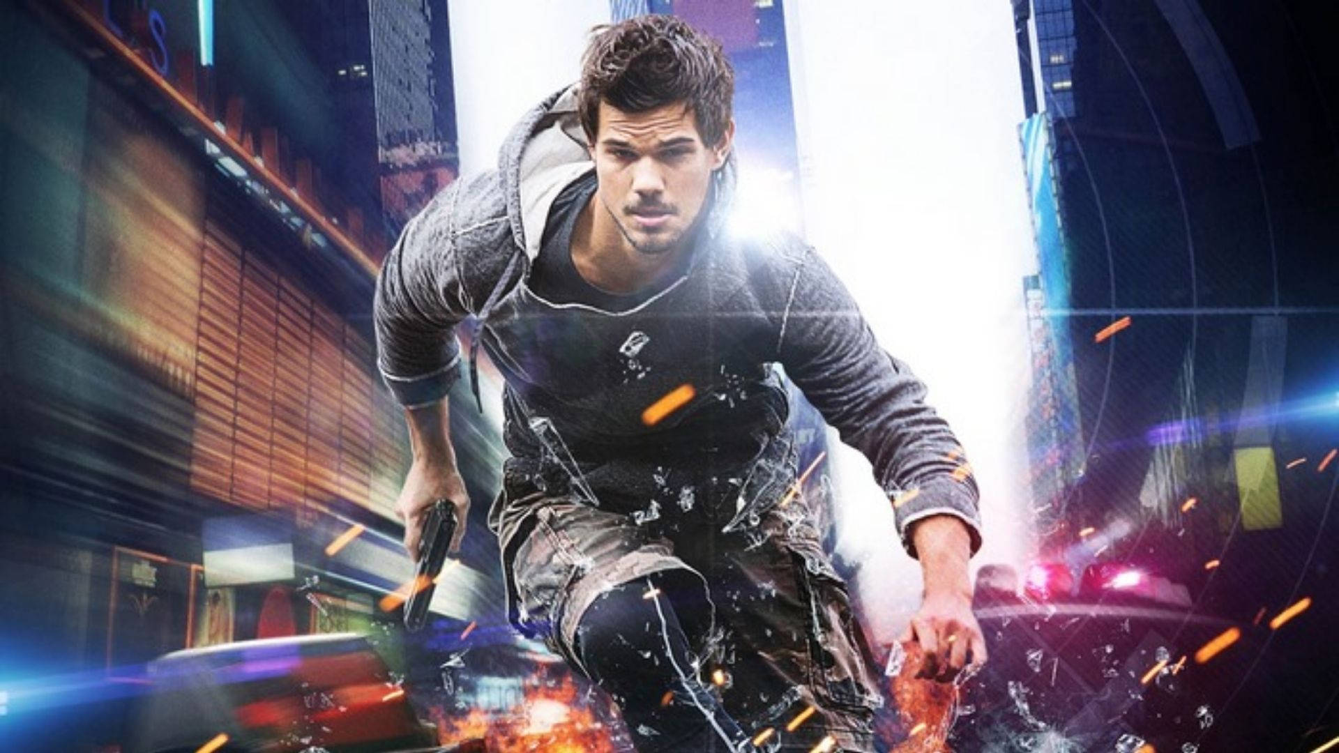 Taylor Lautner, neon-lit city street, explosions, Full HD Desktop Wallpaper