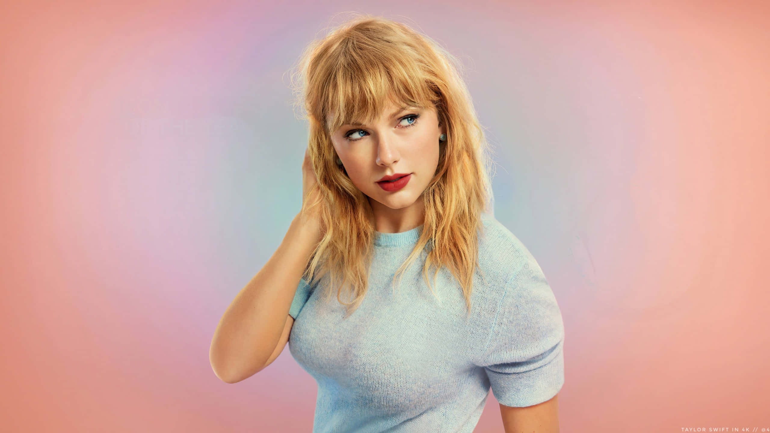 Taylor Swift, light blue sweater, soft gradient pink and blue background, 2K Desktop Wallpaper