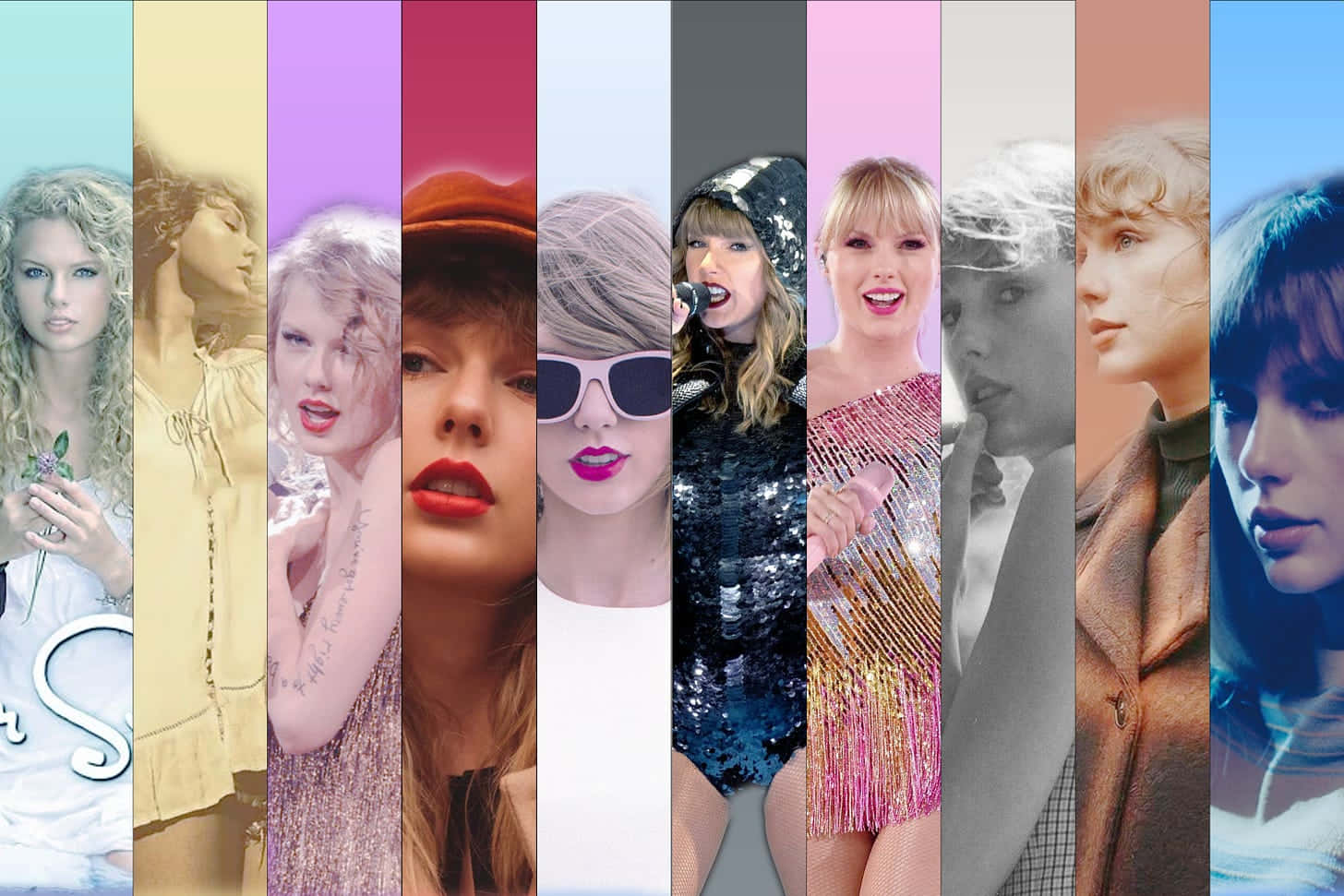Taylor Swift, vertical strips, varied outfits, HD Desktop Wallpaper