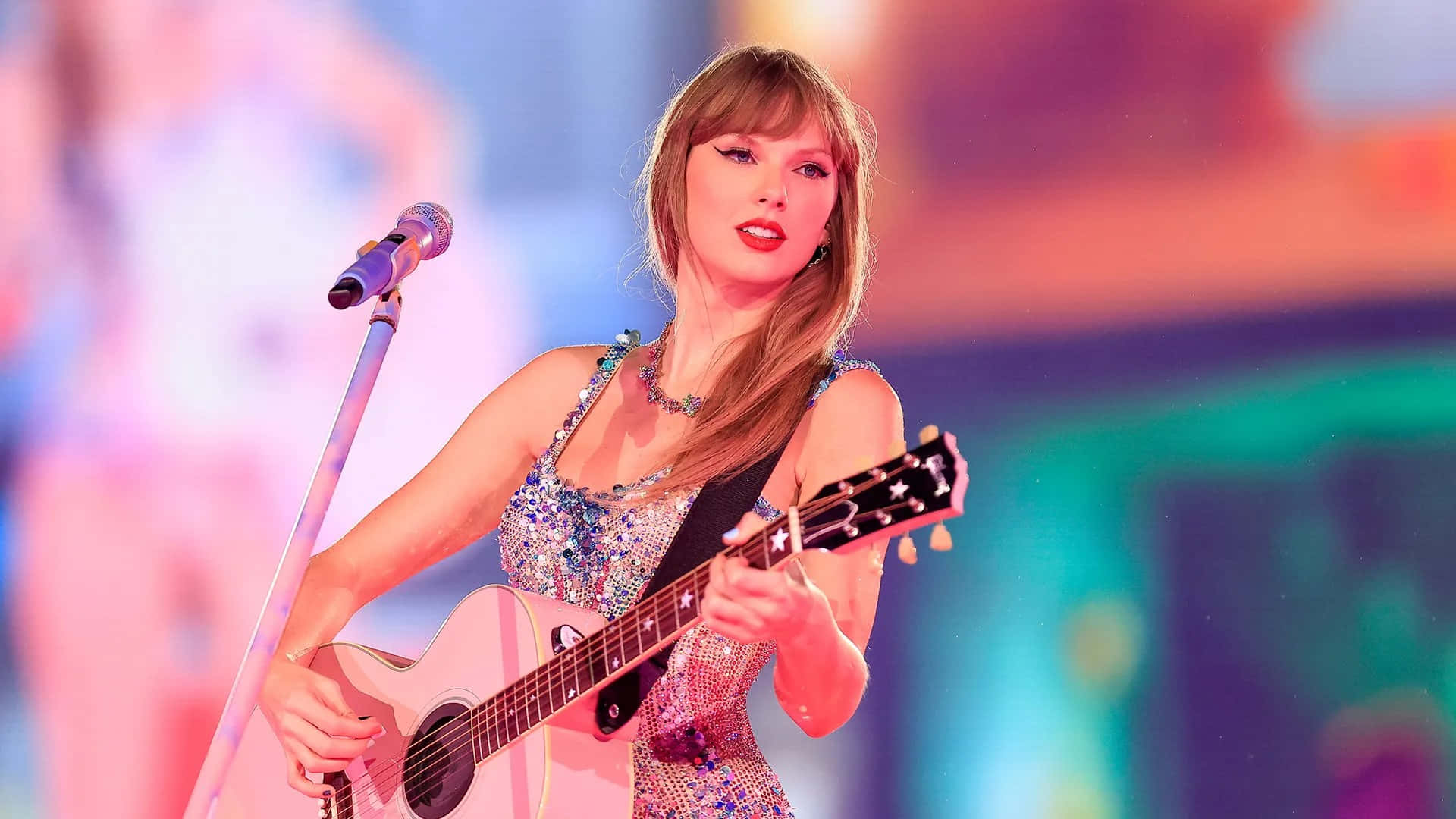 Taylor Swift, acoustic guitar, colorful stage lights, Full HD Desktop Wallpaper