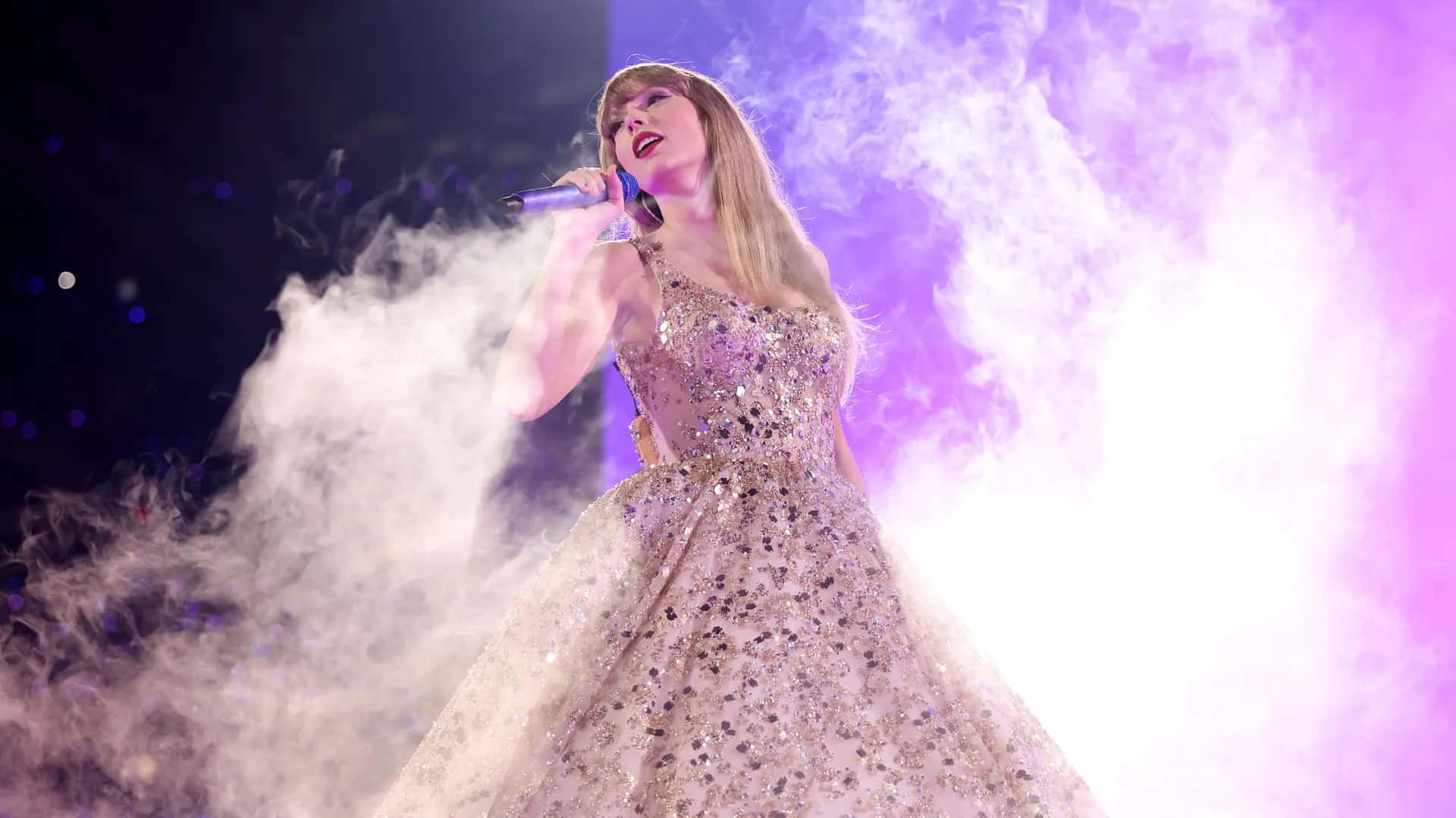 Taylor Swift, sparkling gown, purple smoke, Full HD Desktop Wallpaper