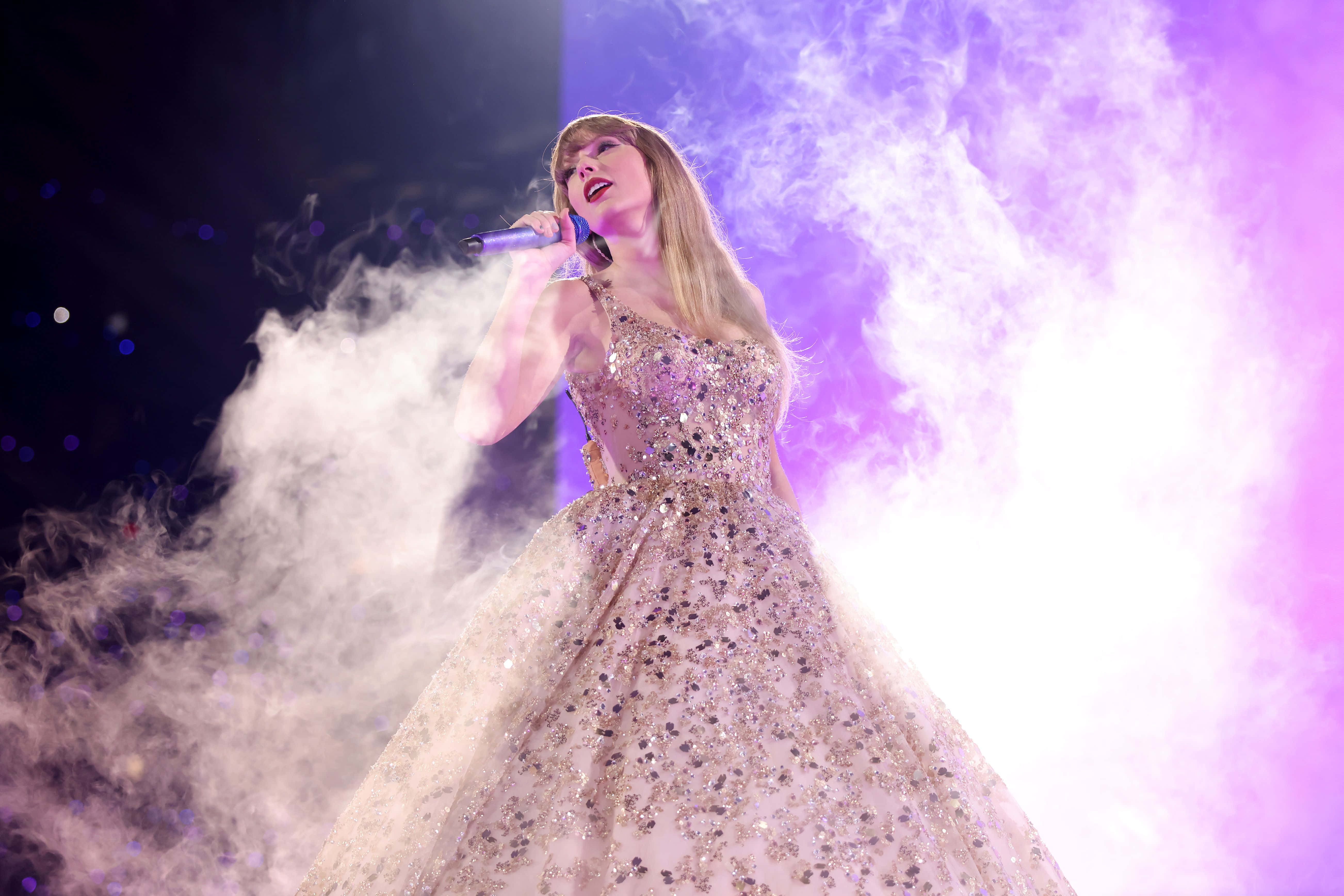 Taylor Swift Eras Tour, glittering gown, swirling purple and white smoke, 5K Desktop Wallpaper