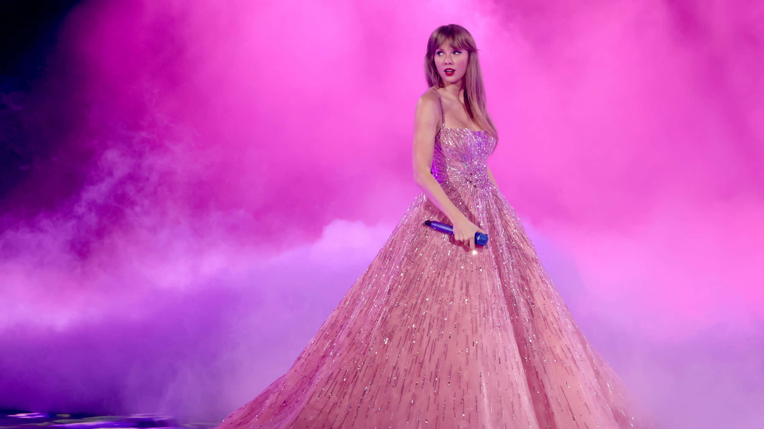 Taylor Swift Eras Tour, pink gown, vibrant pink smoke, 2K Desktop Wallpaper