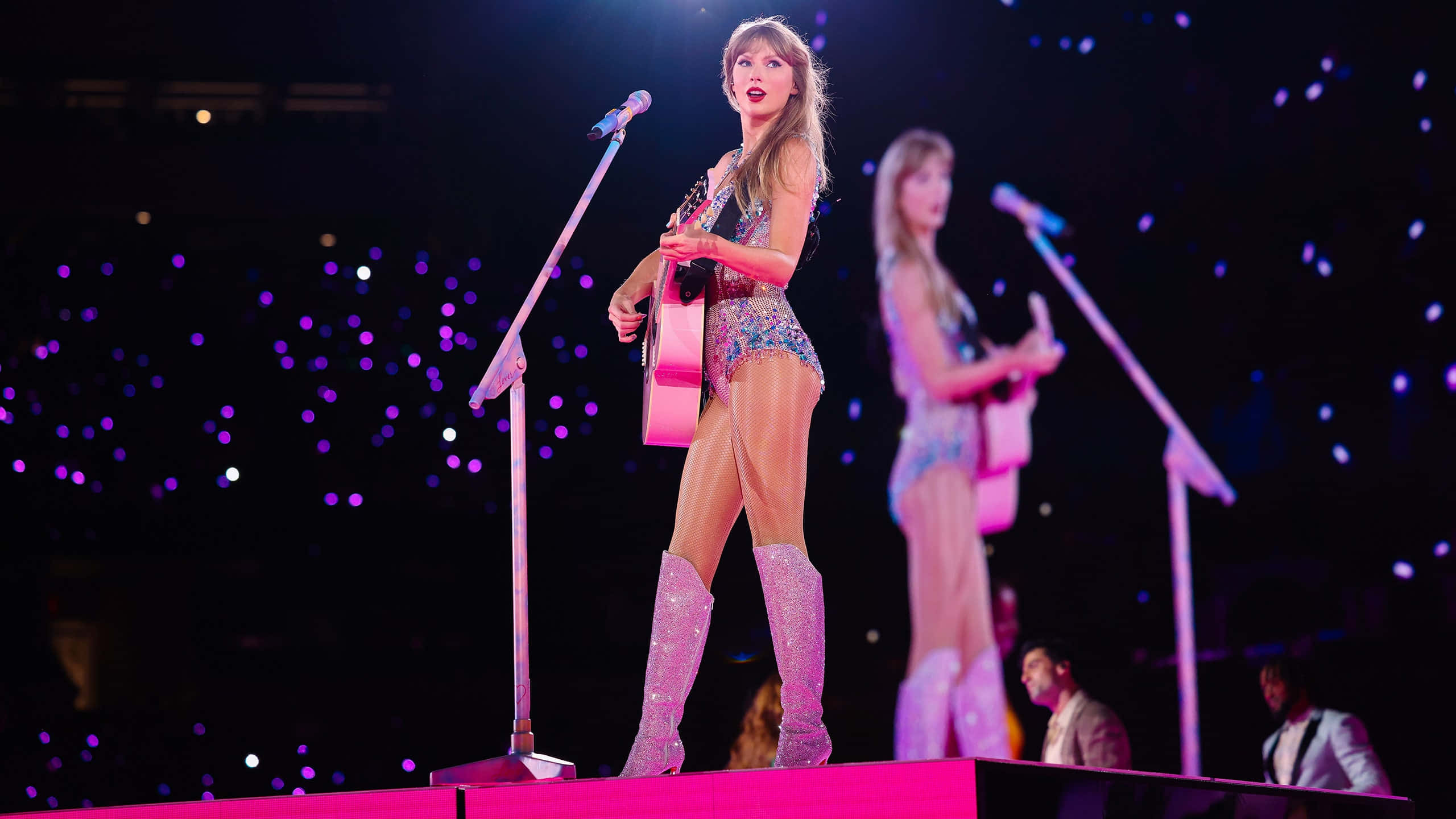 Taylor Swift Eras Tour, sparkling outfit, pink guitar, 2K Desktop Wallpaper