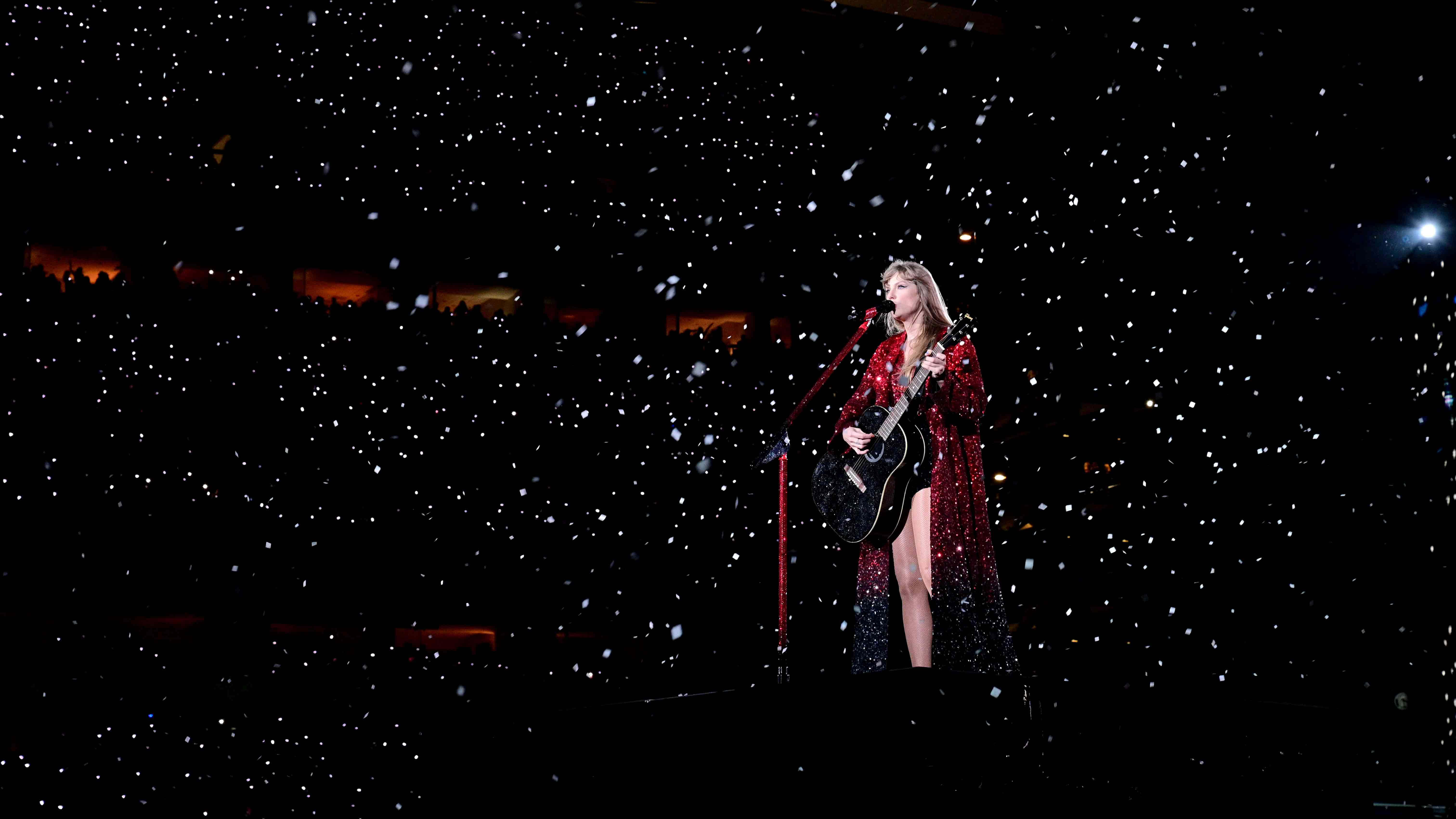Taylor Swift Eras Tour, sparkling red gown, guitar, 5K Desktop Wallpaper