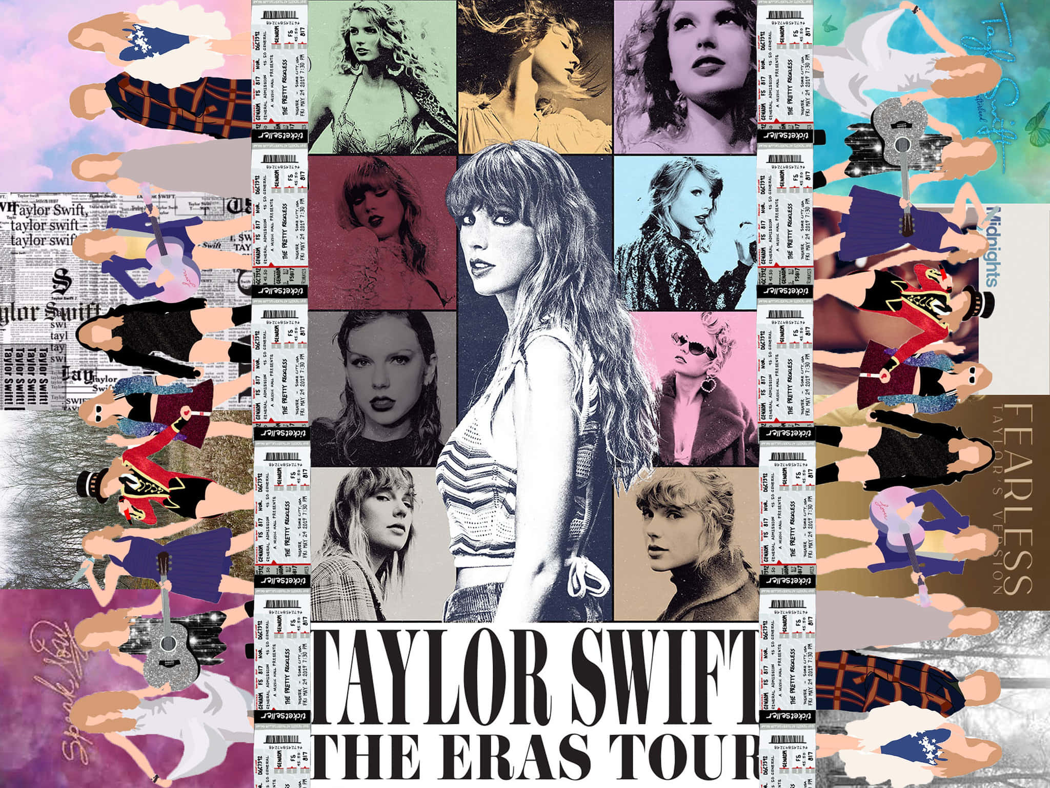 Taylor Swift Eras Tour, concert ticket stubs, album covers, Full HD Desktop Wallpaper