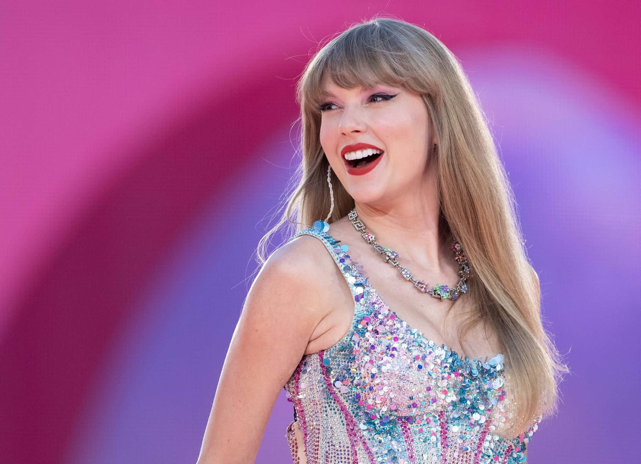 Taylor Swift, sparkling silver blue sequined dress, vibrant pink and purple gradient background, Full HD Desktop Wallpaper