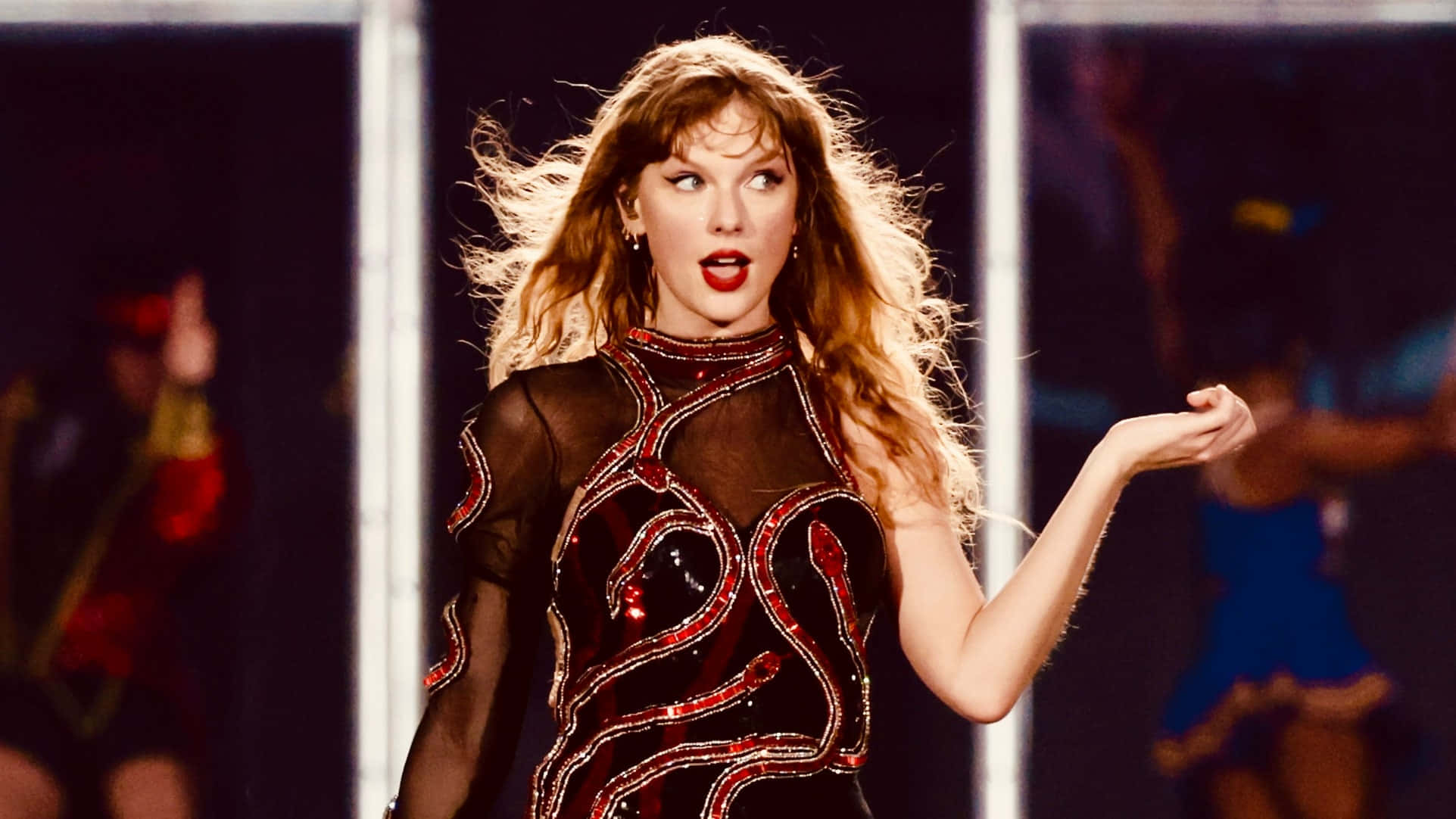 Taylor Swift, black sheer dress, red sequin swirls, Full HD Desktop Wallpaper