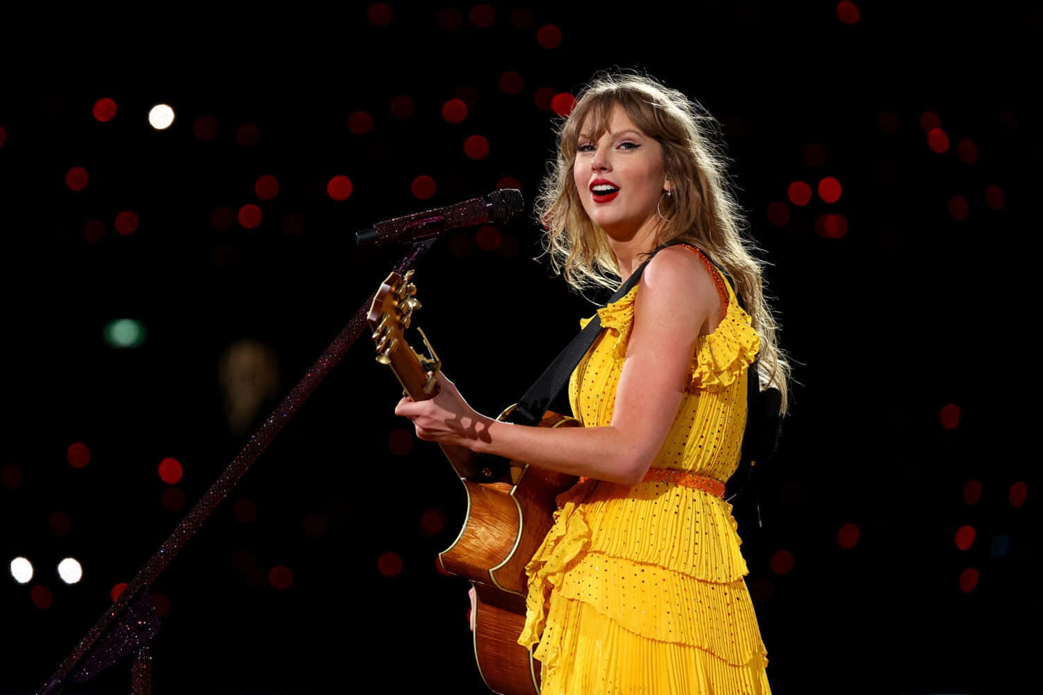 Taylor Swift, acoustic guitar, vibrant yellow dress, HD Desktop Wallpaper