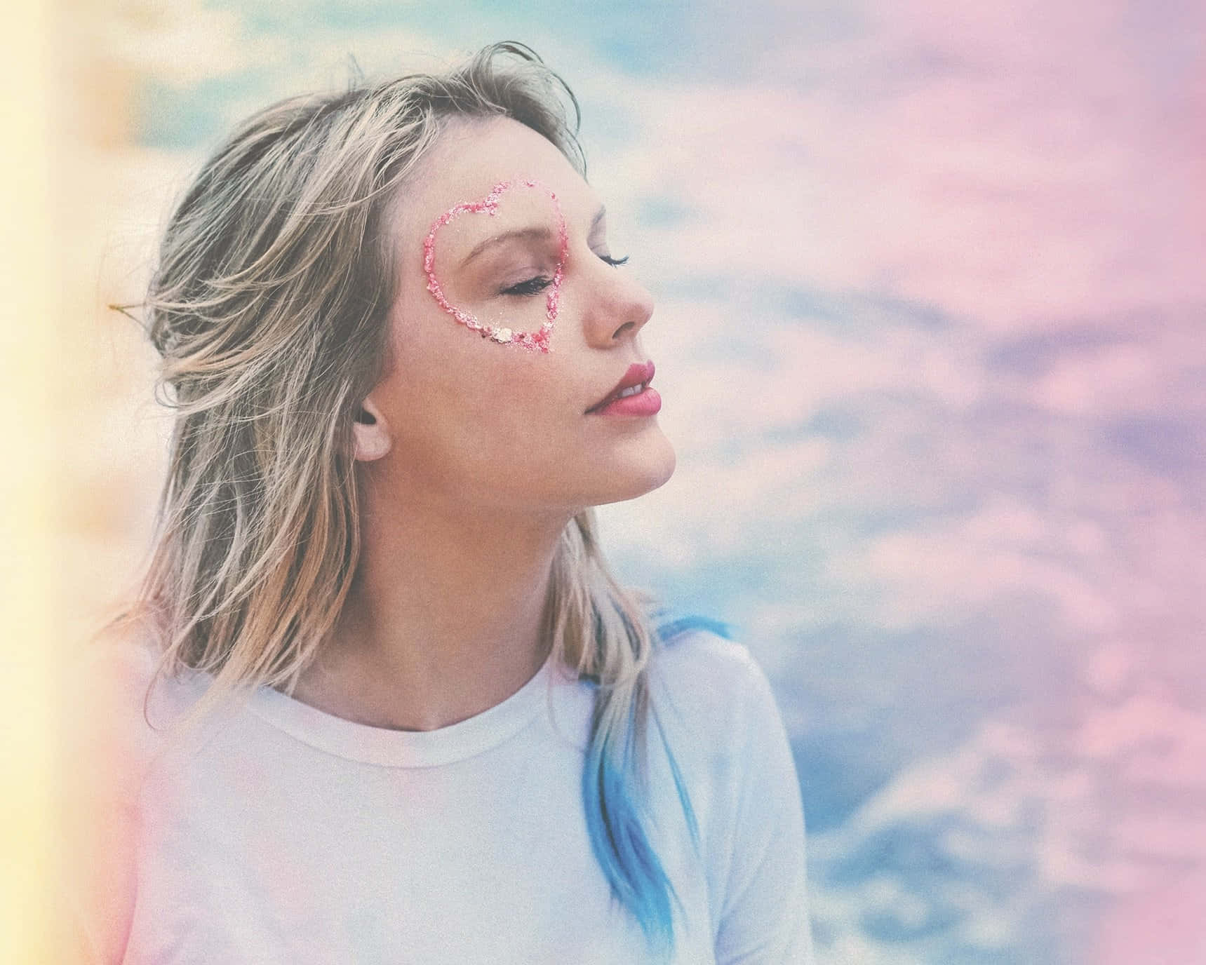 pastel sky, pink glitter heart, closed eyes, HD Desktop Wallpaper
