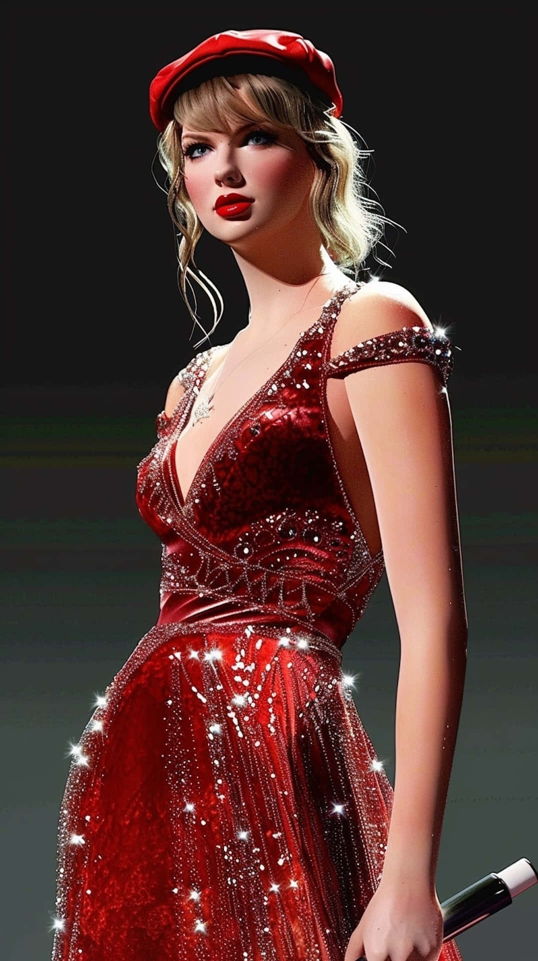 Taylor Swift, red sequined gown, matching beret, Full HD Phone Wallpaper