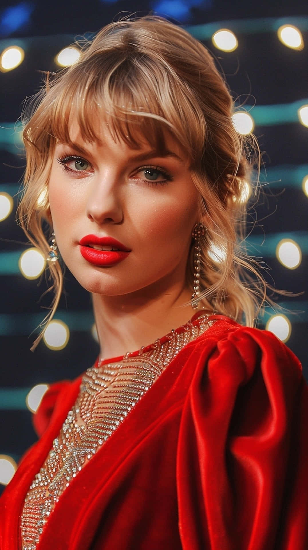 Taylor Swift, red dress, Christmas lights, Full HD Phone Wallpaper