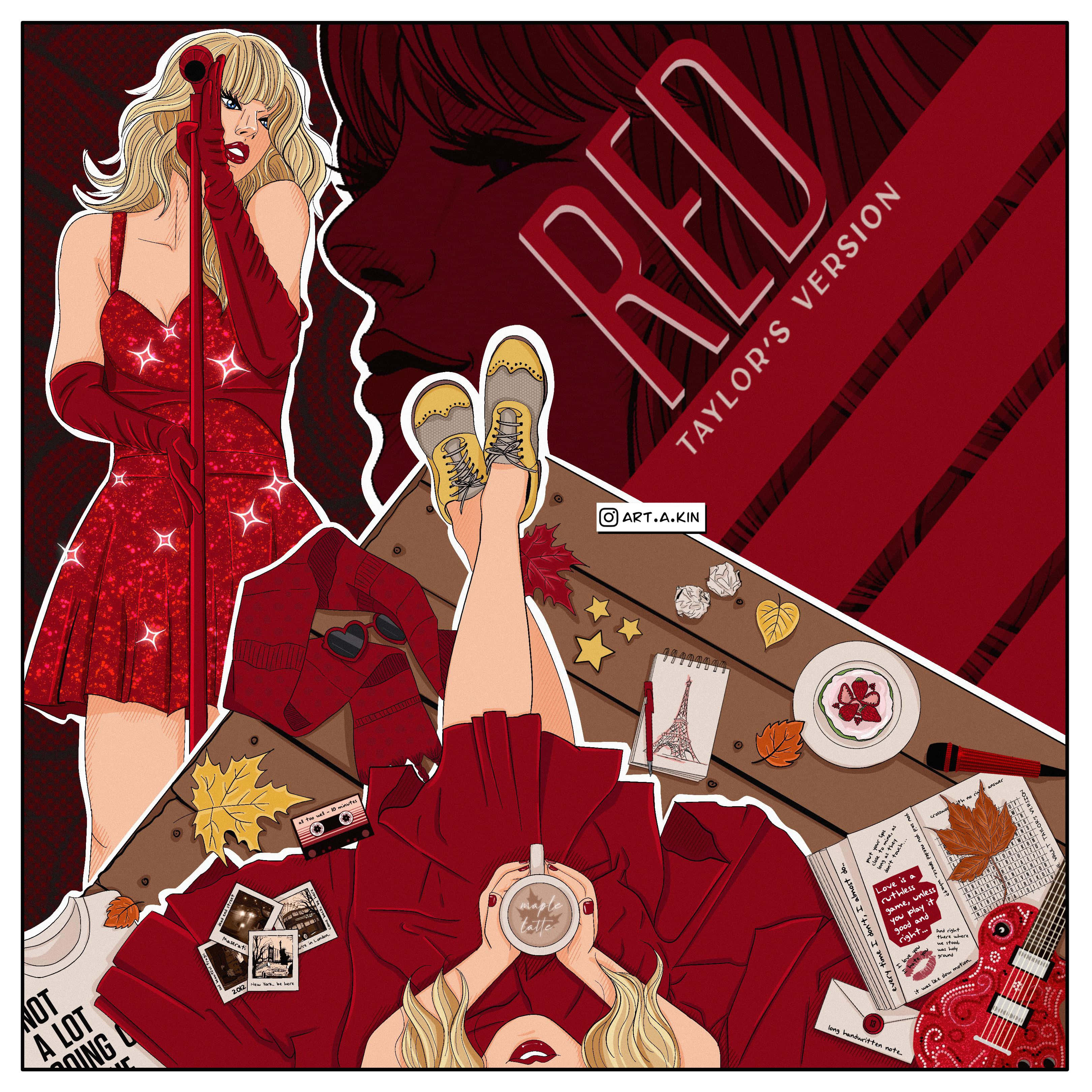 Taylor Swift Red Aesthetic, glittering dress, microphone, 2K Desktop Wallpaper