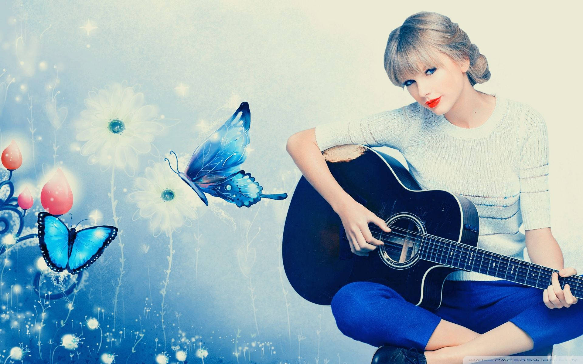 Taylor Swift, acoustic guitar, glowing blue butterflies, Full HD Desktop Wallpaper