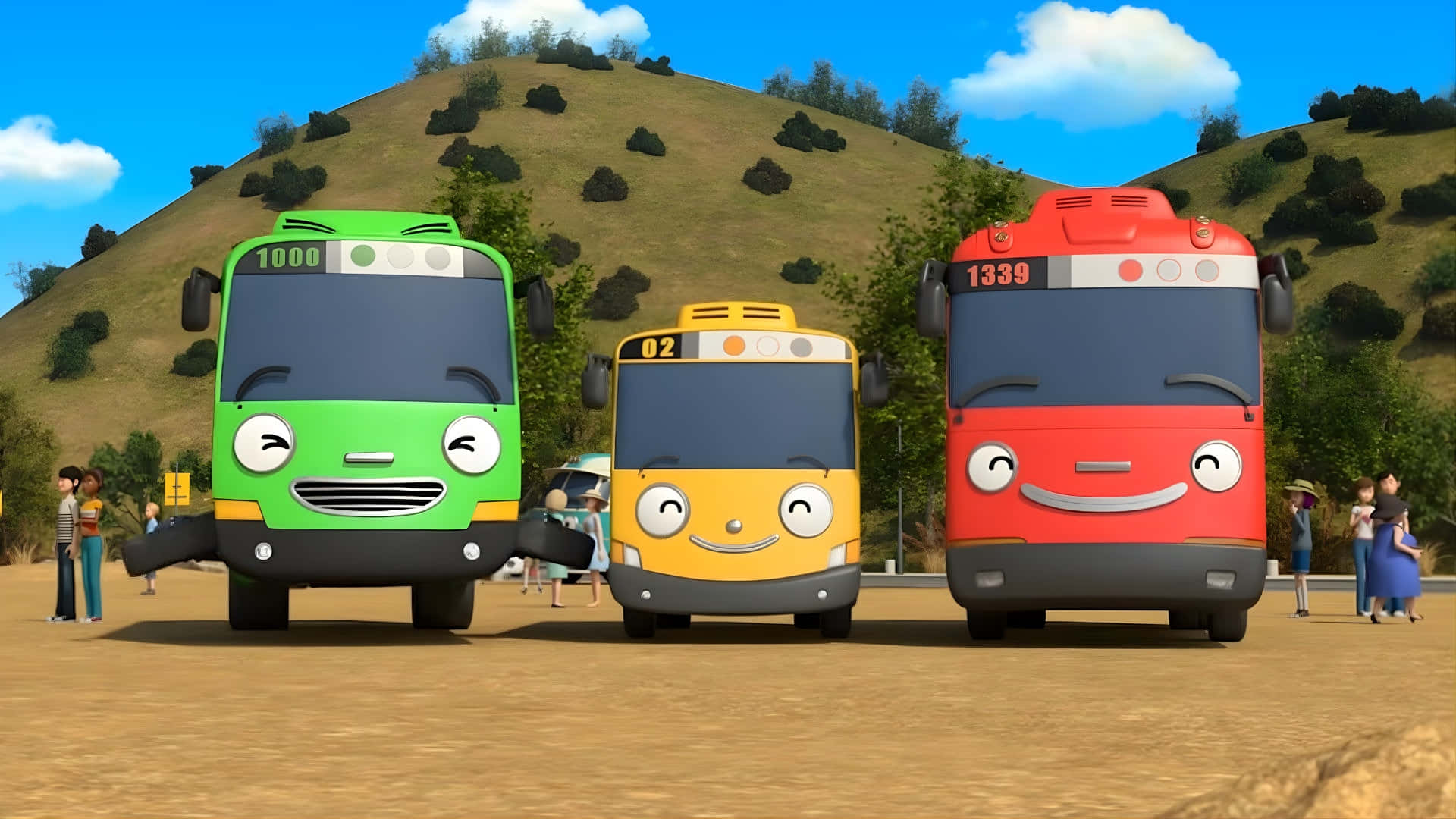 Tayo, green yellow and red, smiling faces, Full HD Desktop Wallpaper