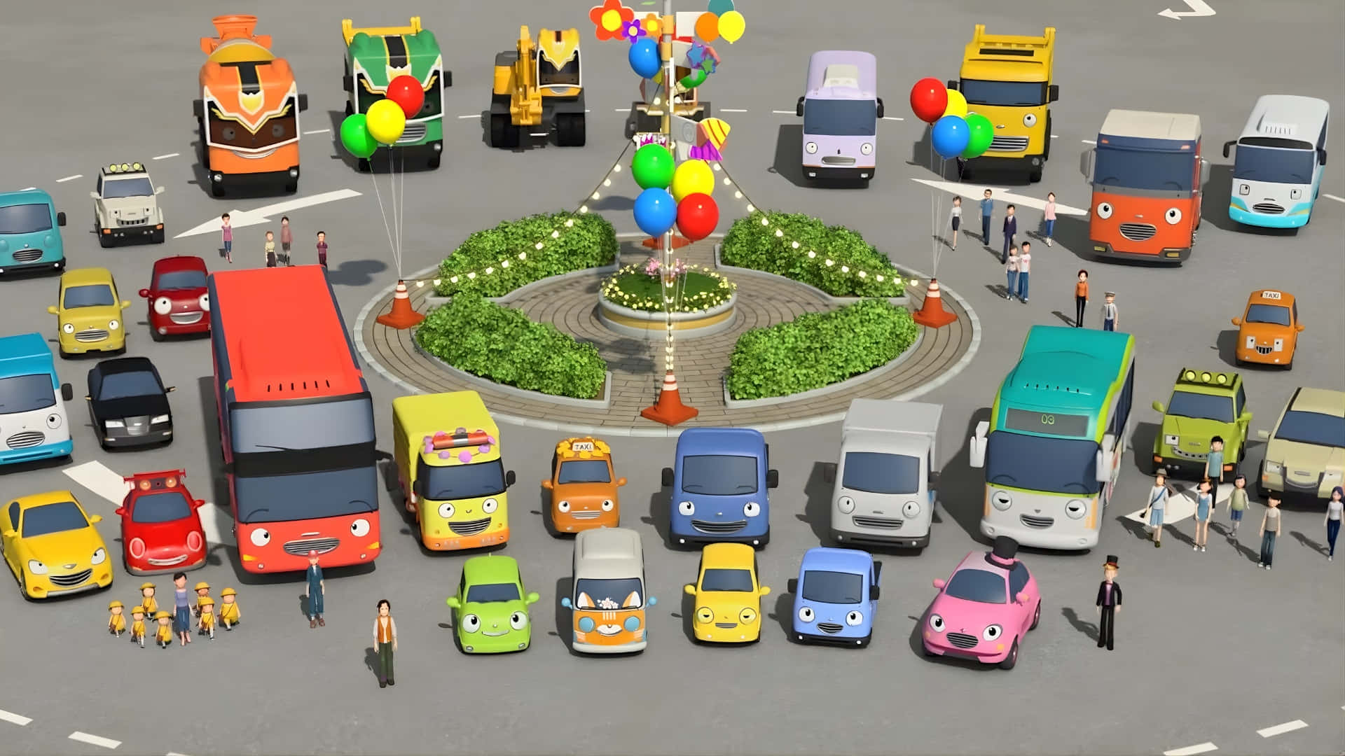 Tayo The Little Bus, 3d cartoon scene, colorful vehicles, Full HD Desktop Wallpaper