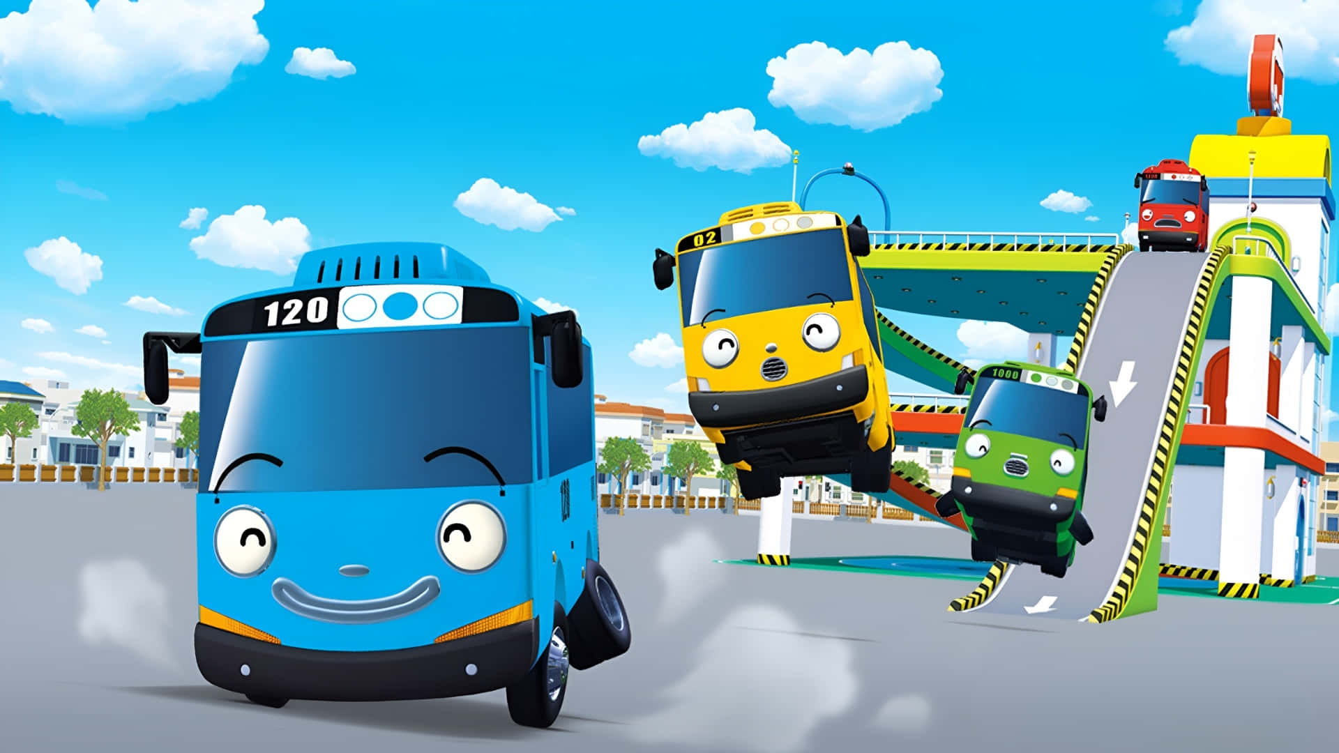 Tayo The Little Bus, blue bus, yellow train, Full HD Desktop Wallpaper