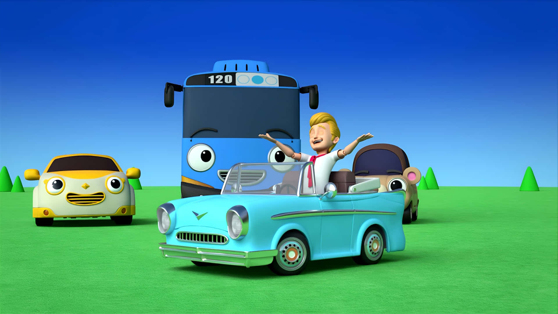 Tayo The Little Bus, light blue convertible, anthropomorphic vehicles, Full HD Desktop Wallpaper