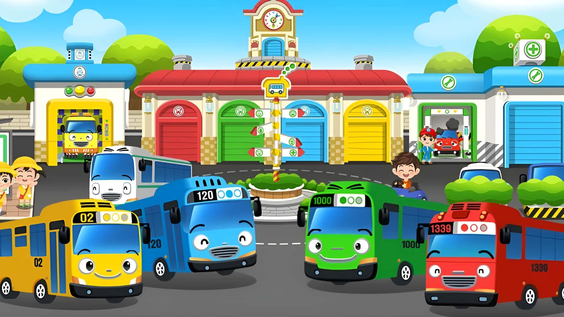 Tayo The Little Bus, characters, colorful cartoon buses, Full HD Desktop Wallpaper