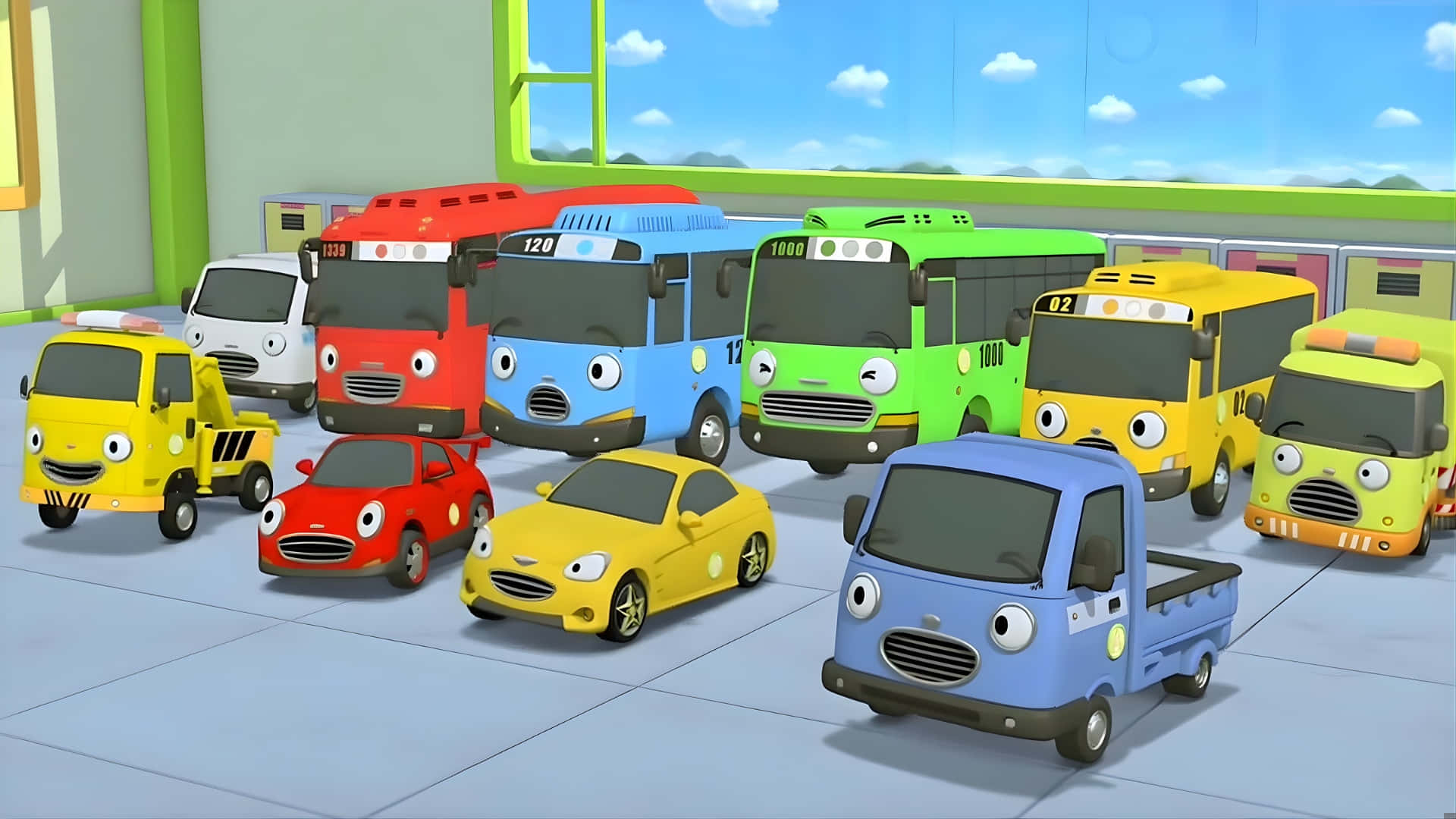 Tayo The Little Bus, animated vehicles, big eyes, Full HD Desktop Wallpaper
