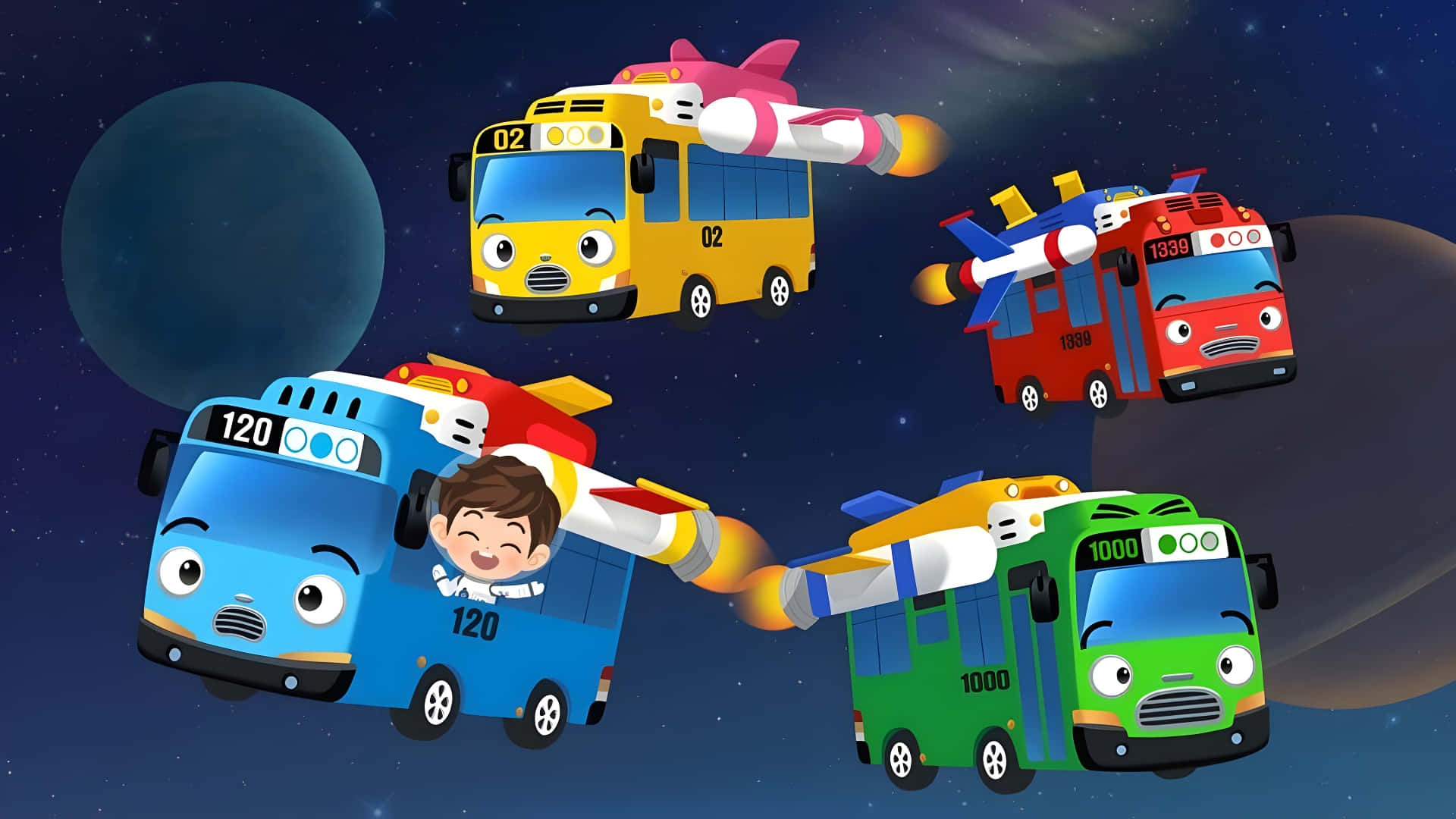 Tayo The Little Bus, space adventure, rocket boosters, Full HD Desktop Wallpaper