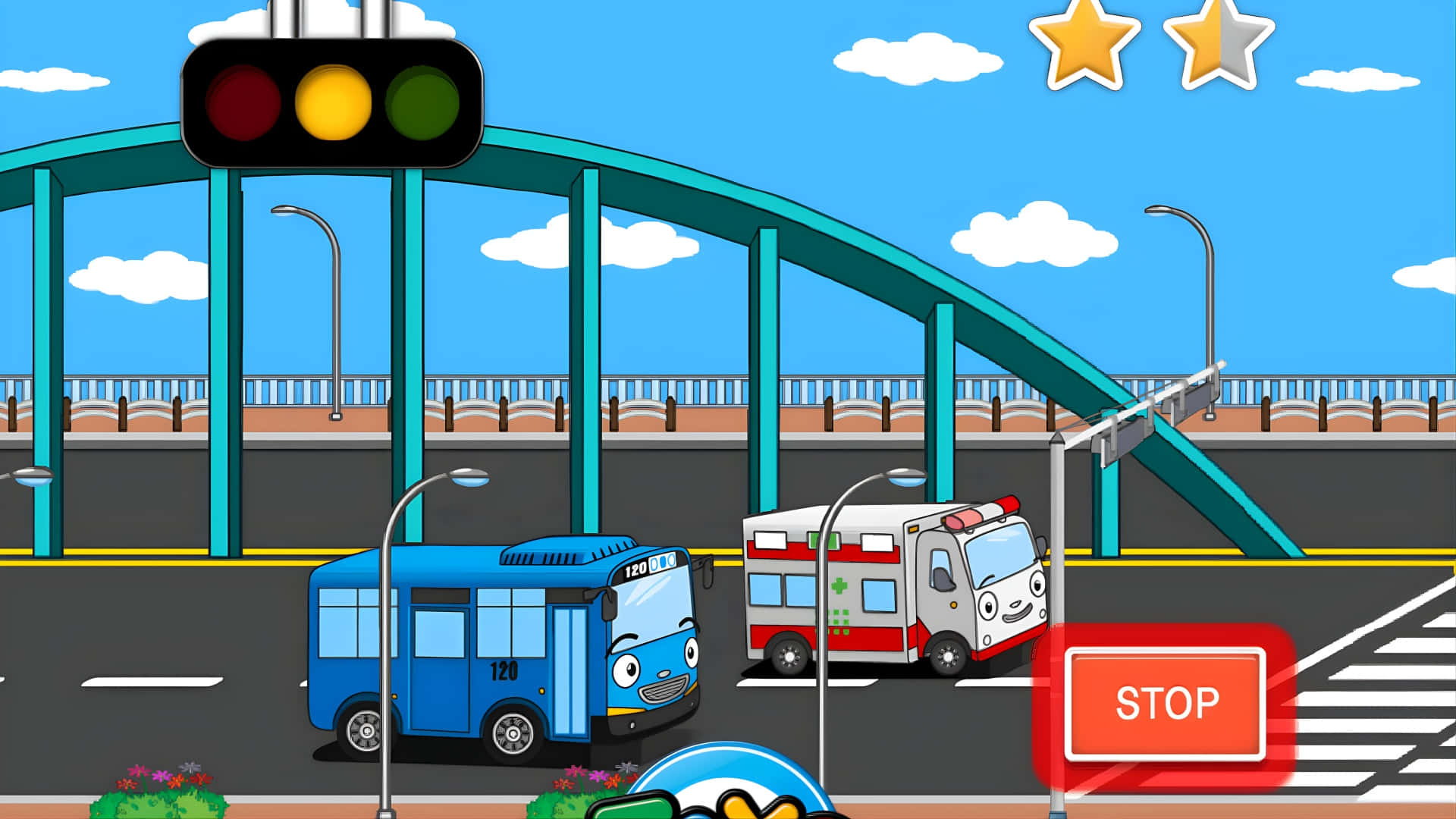 Tayo, traffic light, teal bridge, Full HD Desktop Wallpaper