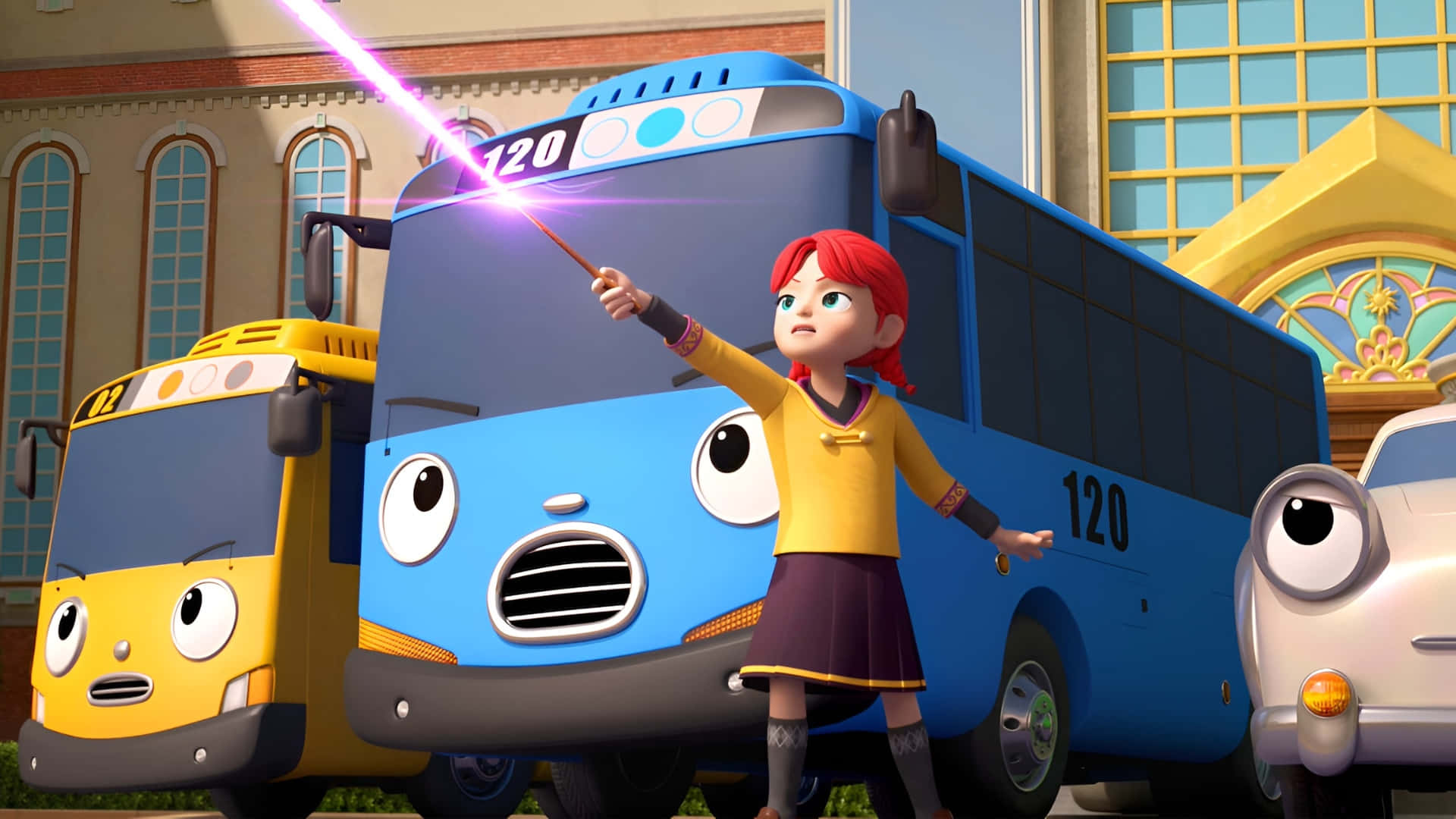 Tayo The Little Bus, red-haired girl, yellow shirt, Full HD Desktop Wallpaper
