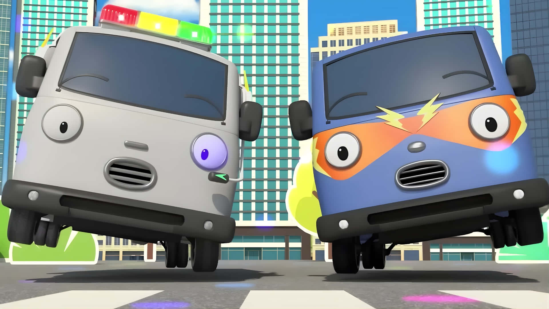 Tayo The Little Bus, police friends, gray ambulance, Full HD Desktop Wallpaper