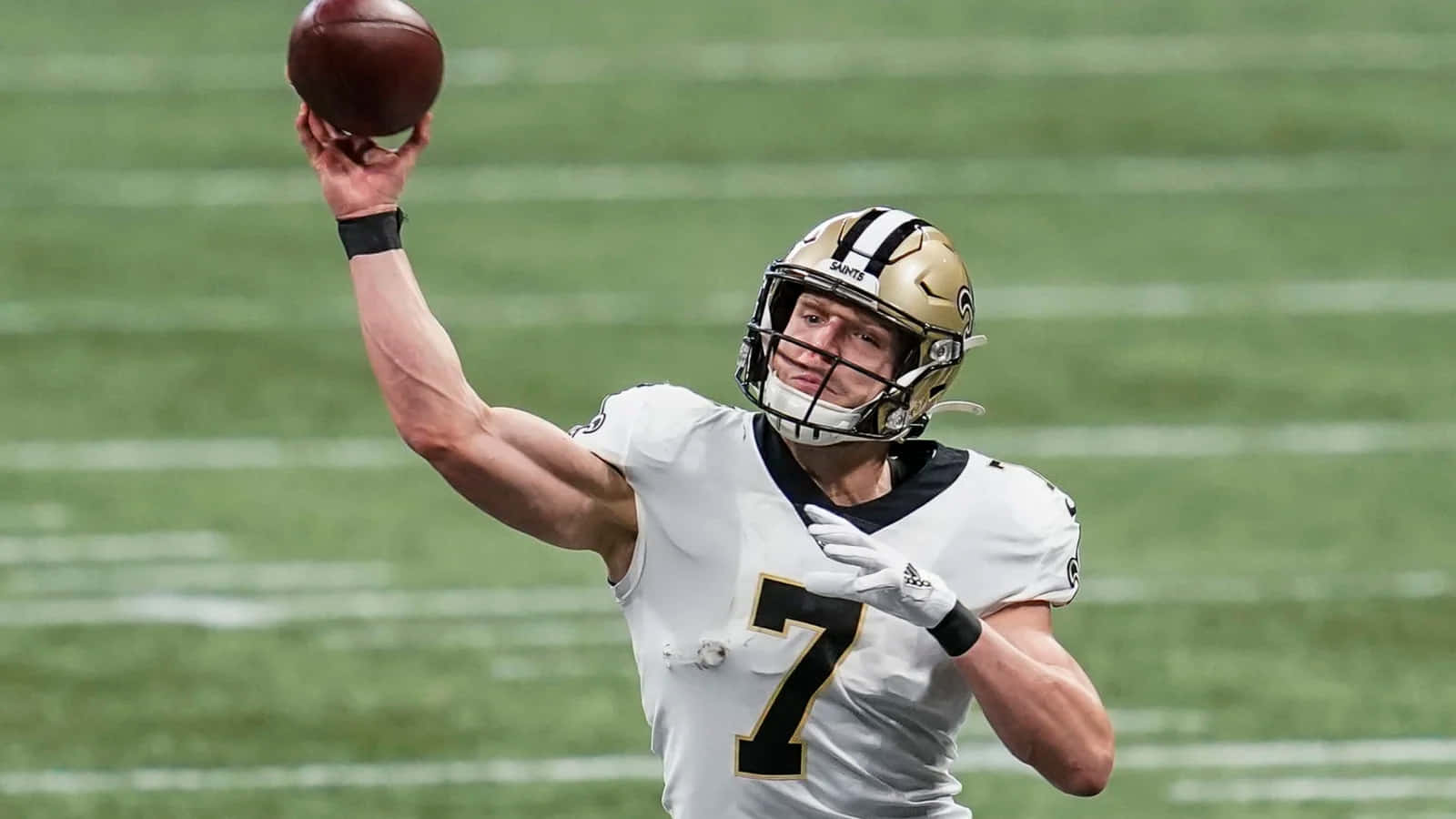 Taysom Hill, white and gold uniform, brown football, HD Desktop Wallpaper