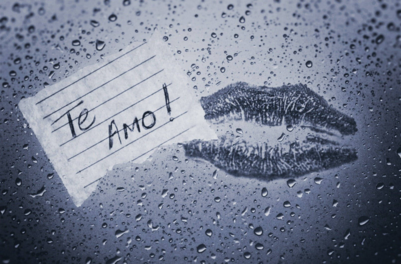 Te Amo, lipstick kiss mark, rain-speckled window, HD Desktop Wallpaper