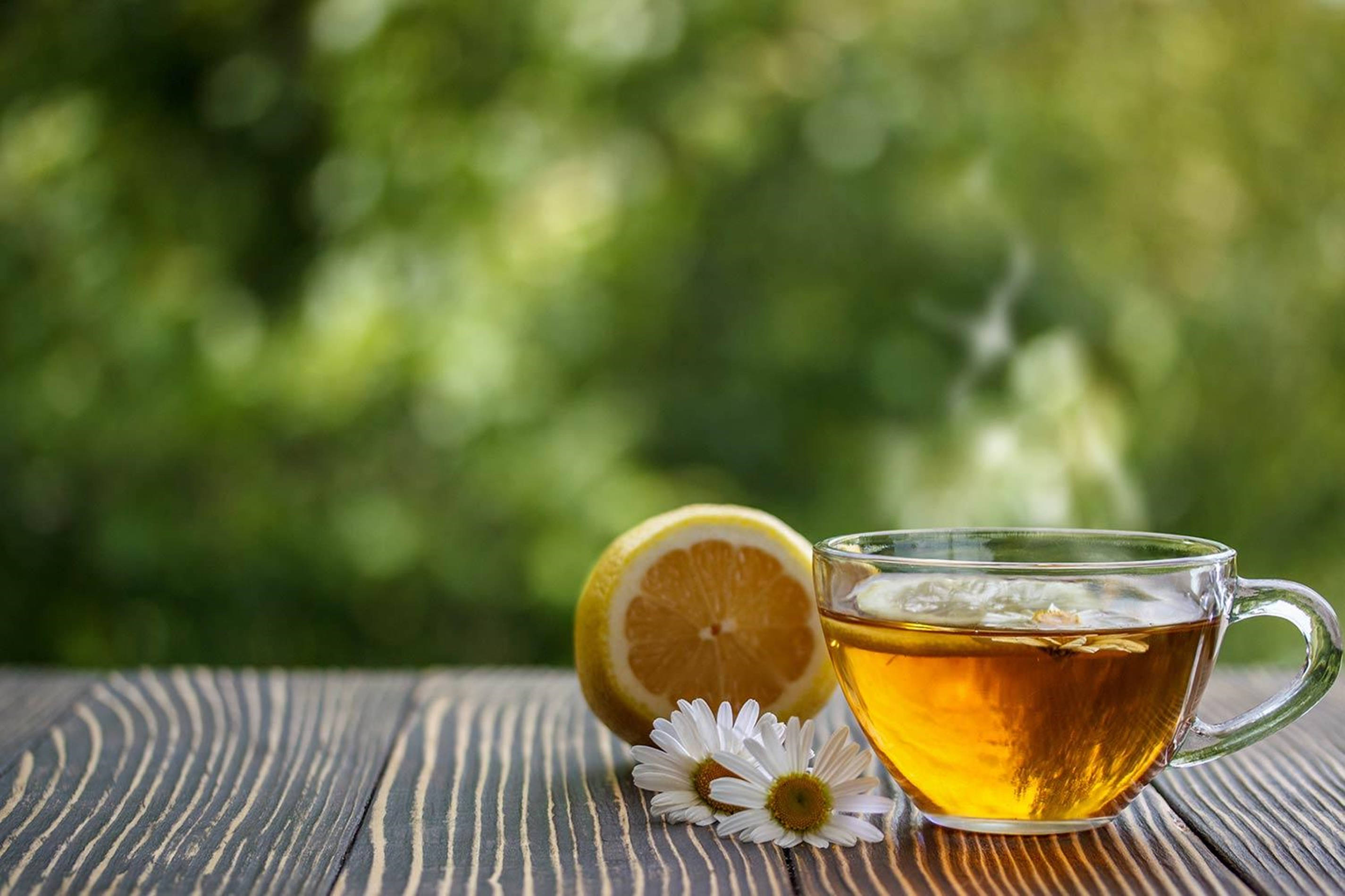 chamomile tea, clear glass cup, golden herbal tea, 2K Desktop Wallpaper
