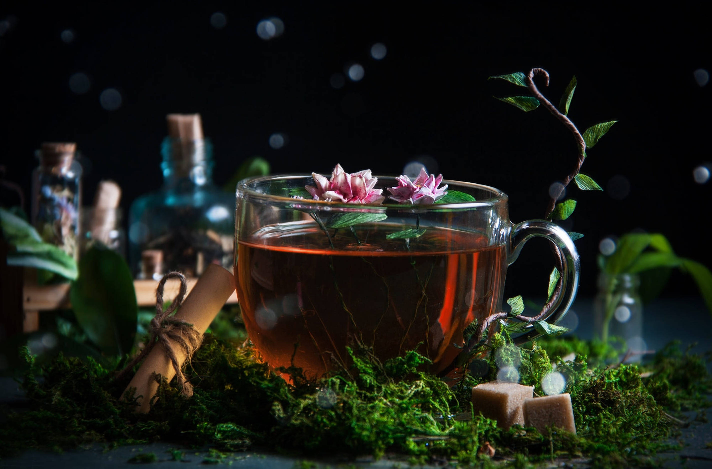 Tea Garden, amber tea, pink flowers, 2K Desktop Wallpaper