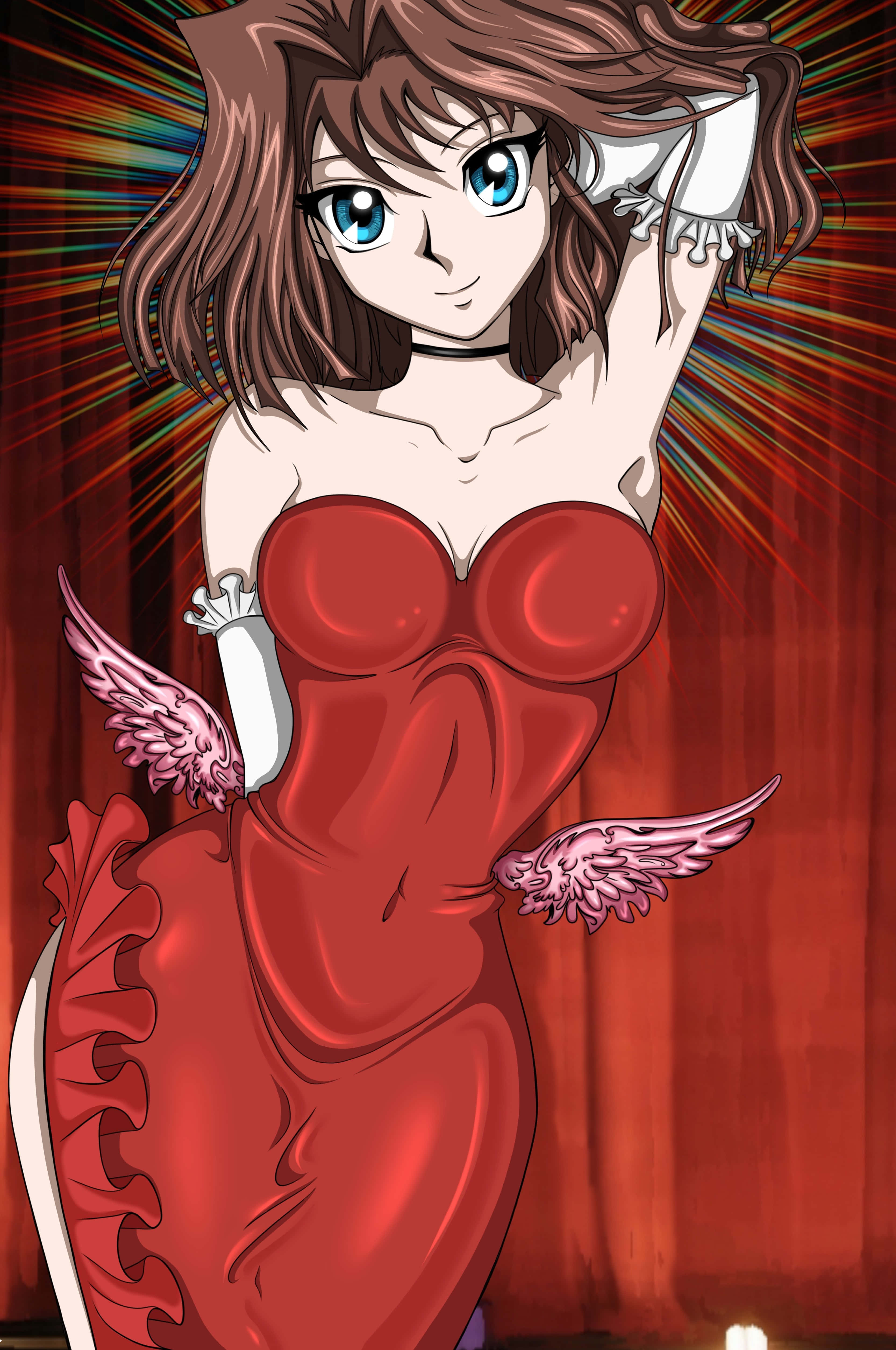Tea Gardner, red dress, pink wings, 4K Phone Wallpaper