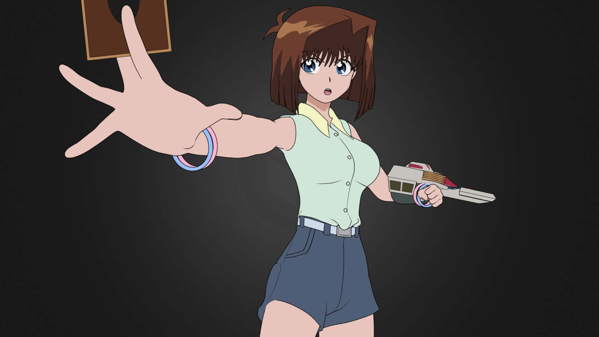 Tea Gardner, futuristic gun, brown hair, Full HD Desktop Wallpaper
