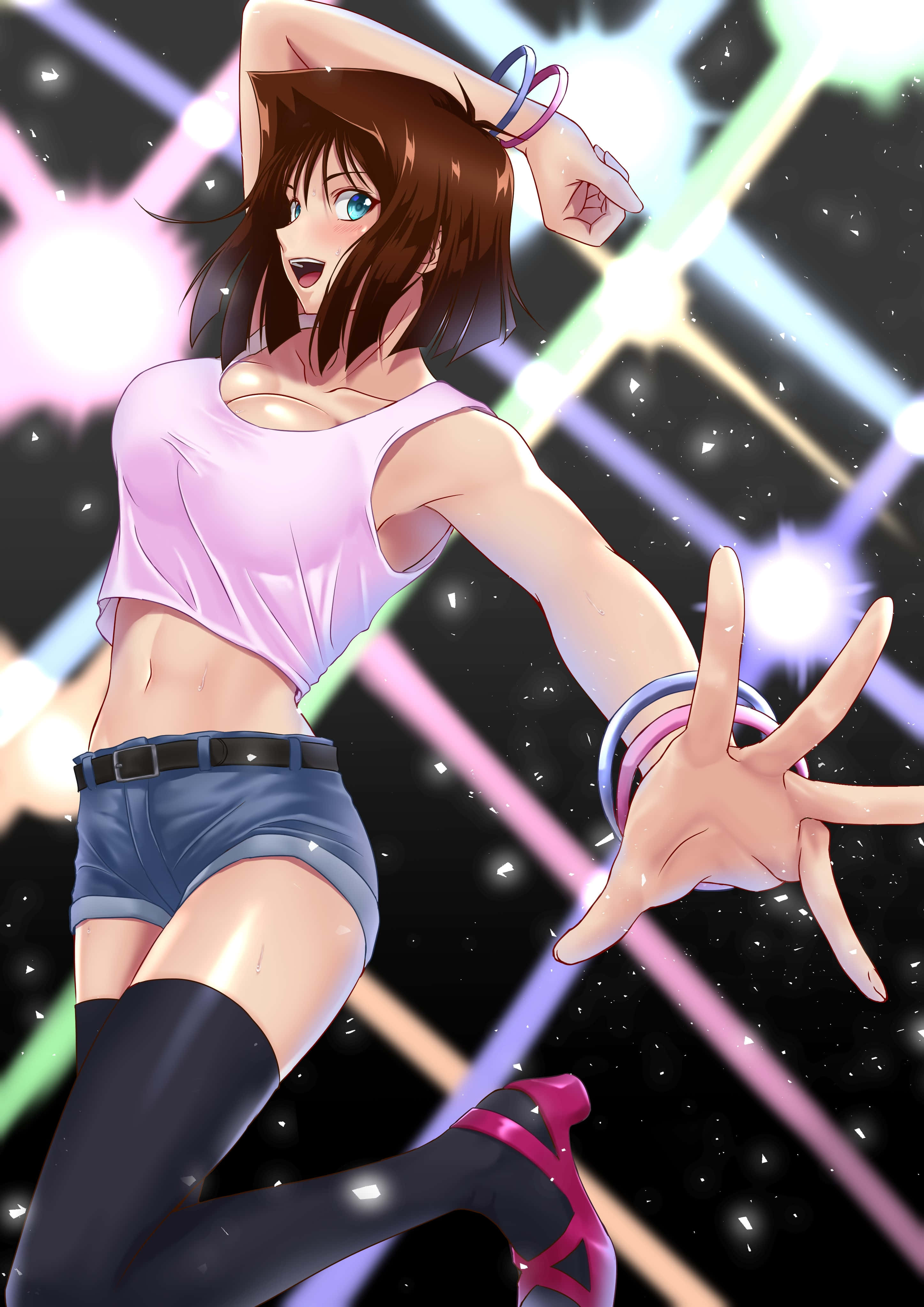 Tea Gardner, pink top, blue shorts, 4K Phone Wallpaper