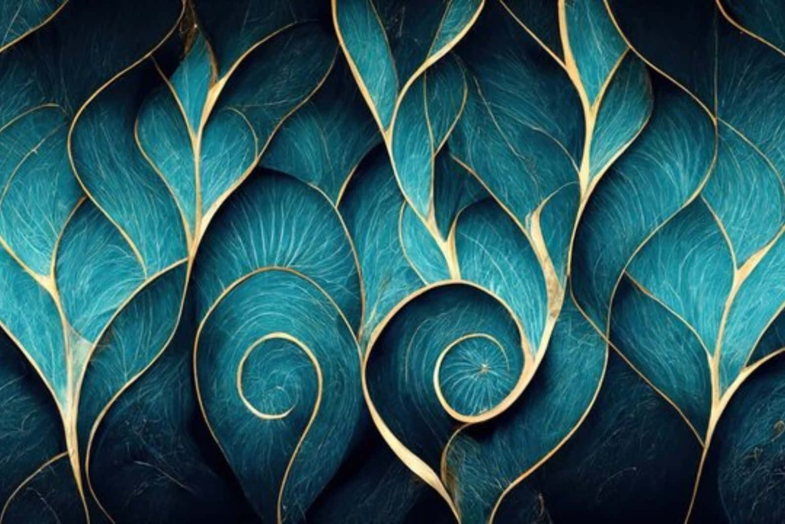 teal leaves gold veins pattern, teal and gold leaf-like swirls, abstract pattern, HD Desktop Wallpaper