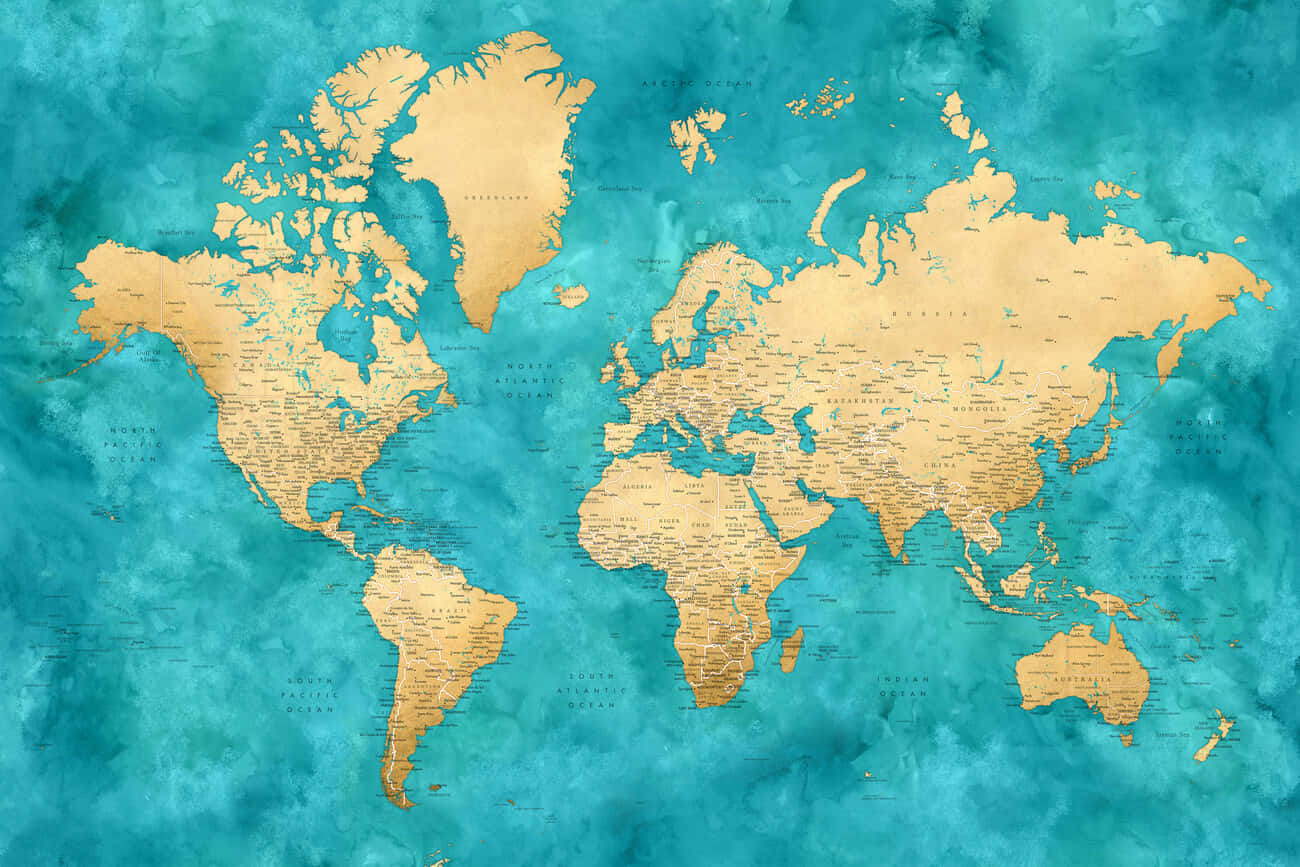 Teal Gold World Map Art, vintage-style world map, gold continents, HD Desktop Wallpaper