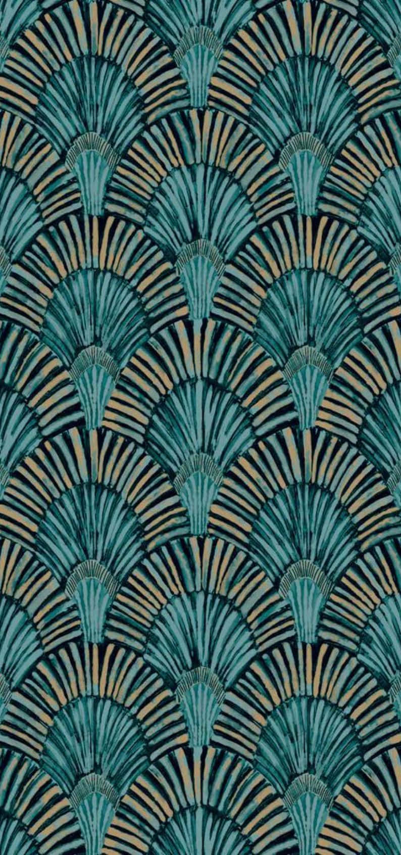 Teal Gold Shell Pattern, teal and gold fan-shaped motifs, Art Deco wallpaper pattern, HD Phone Wallpaper
